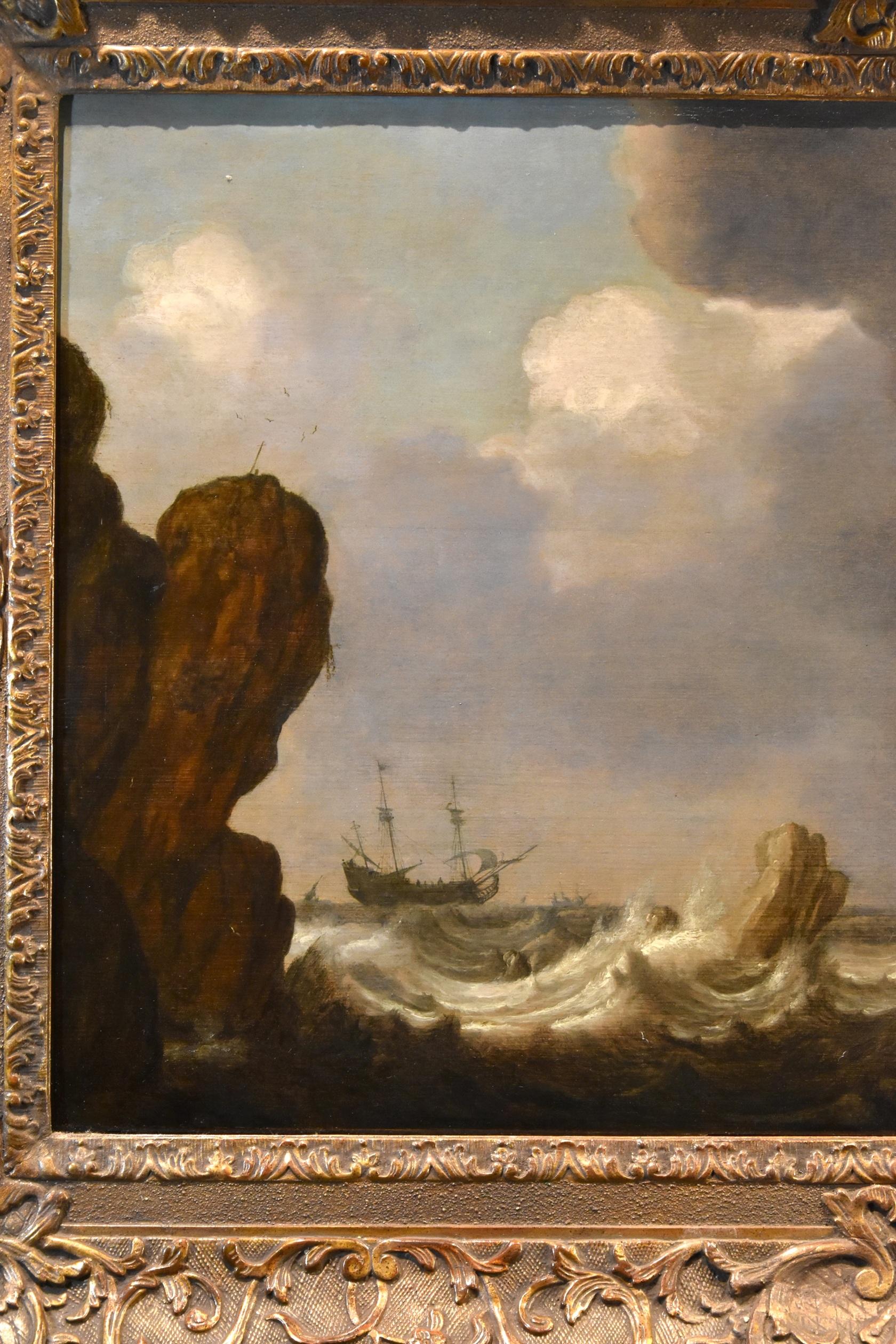 Seascape Ships Landscape Porcellis 17th Century Paint Oil on table Old master For Sale 2