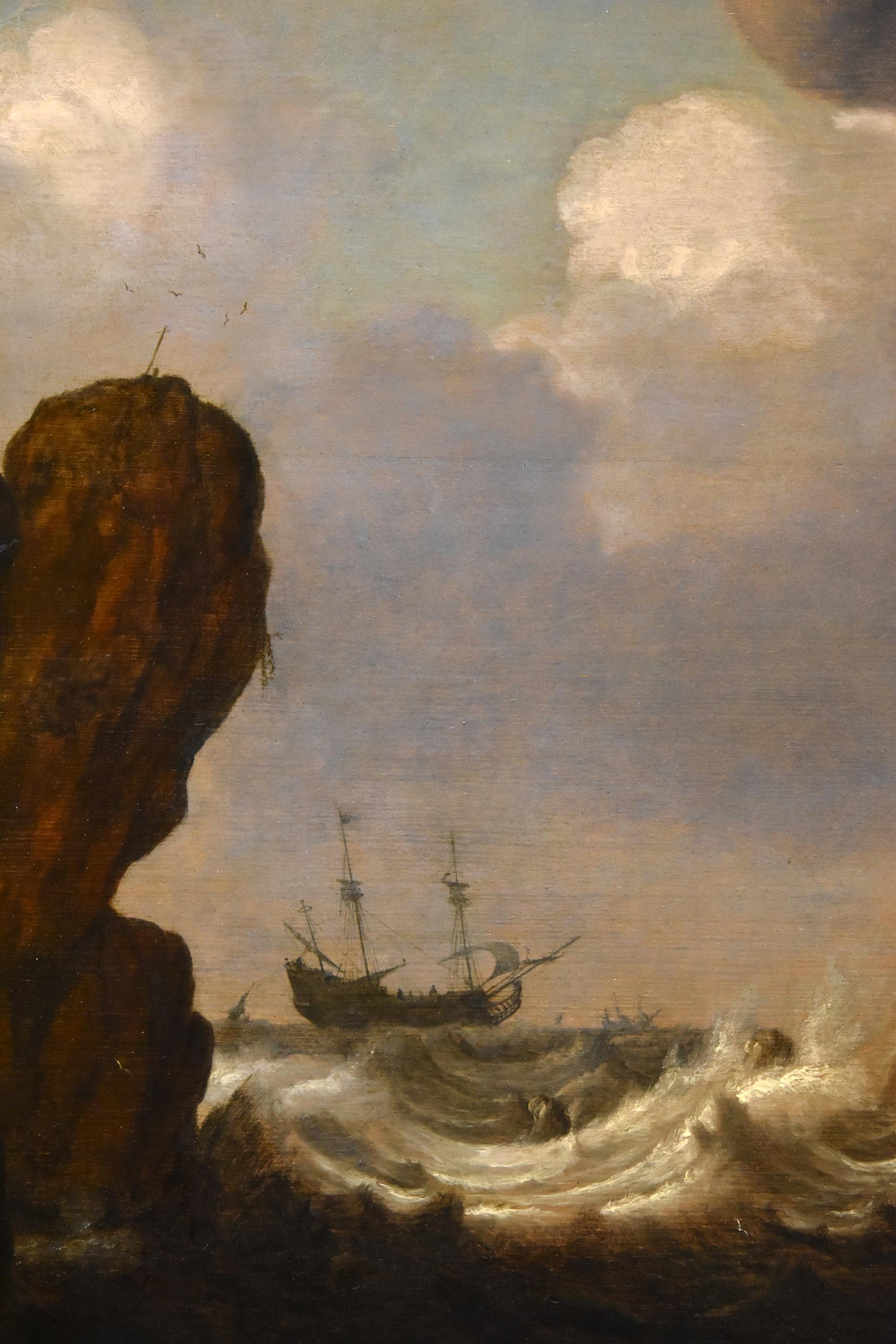 Seascape Ships Landscape Porcellis 17th Century Paint Oil on table Old master For Sale 3
