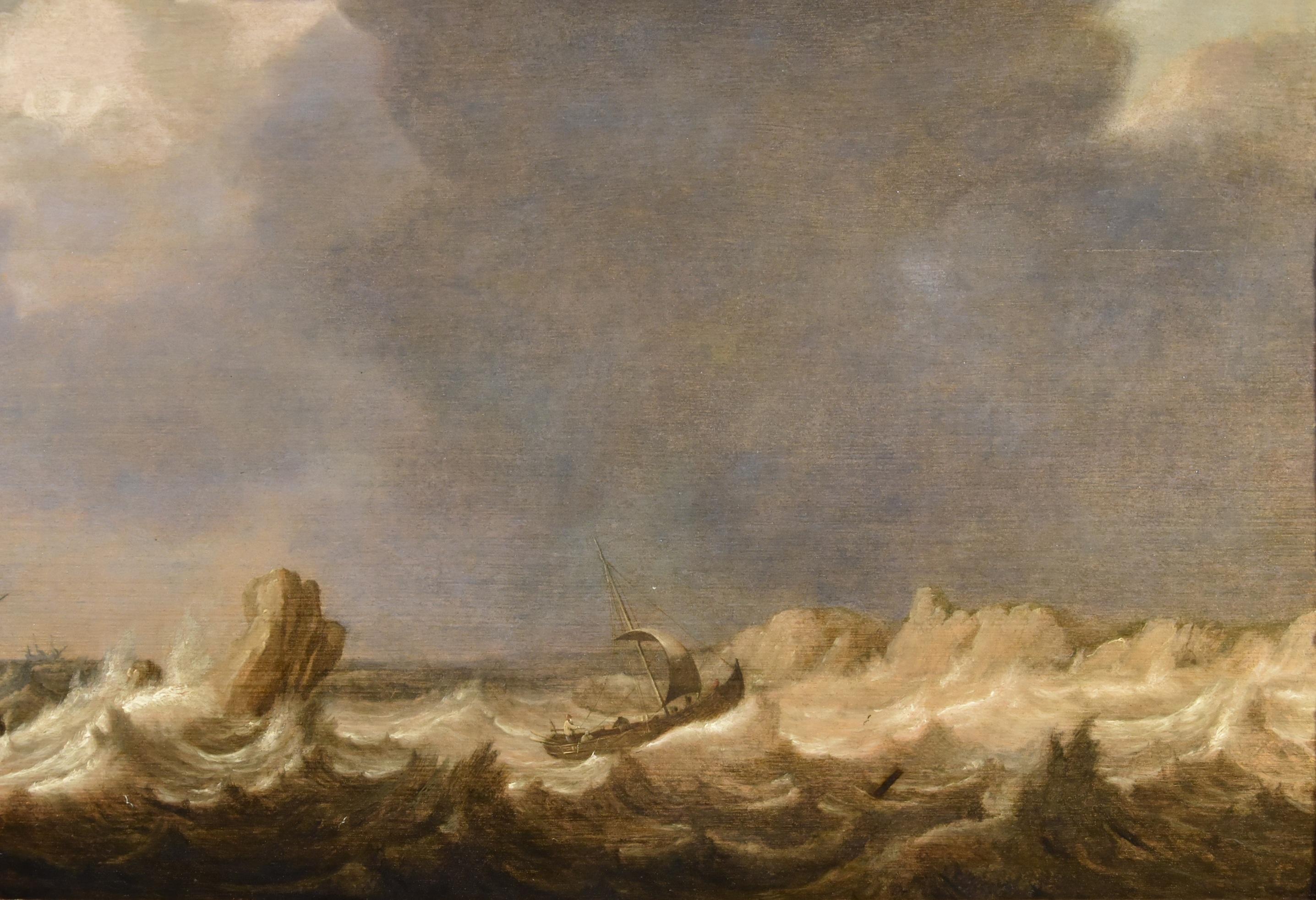 Seascape Ships Landscape Porcellis 17th Century Paint Oil on table Old master For Sale 4