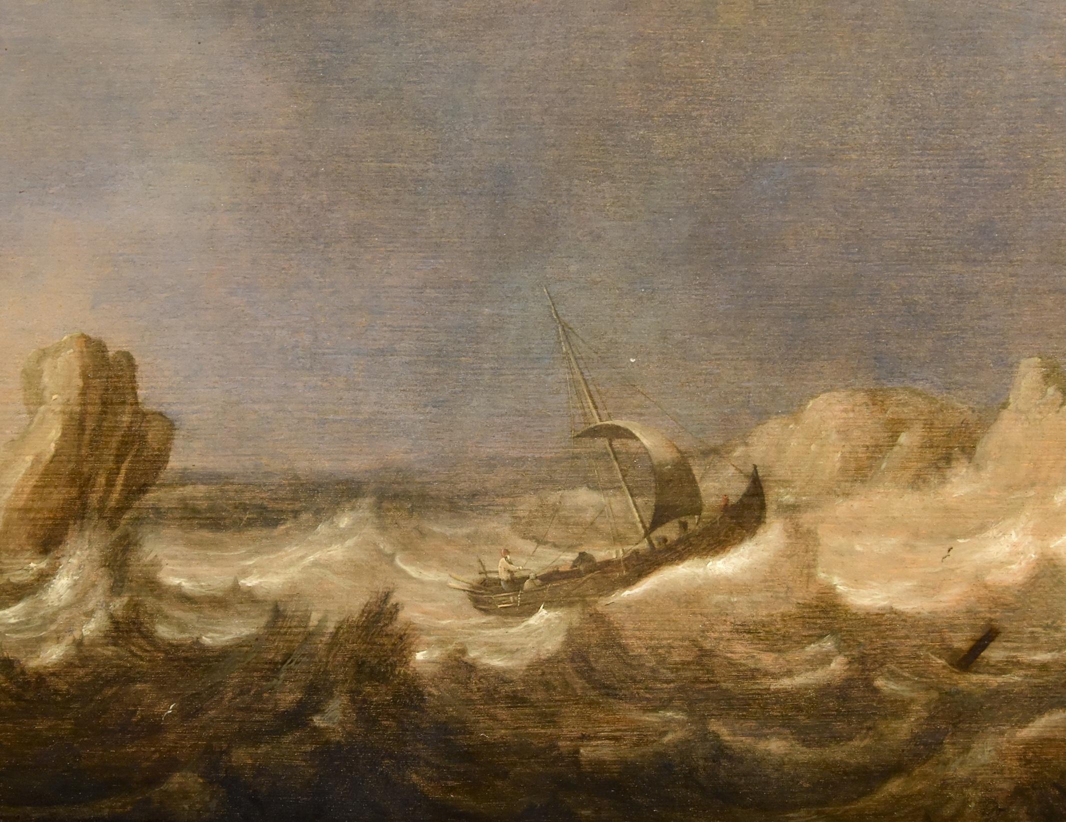 Seascape Ships Landscape Porcellis 17th Century Paint Oil on table Old master For Sale 5