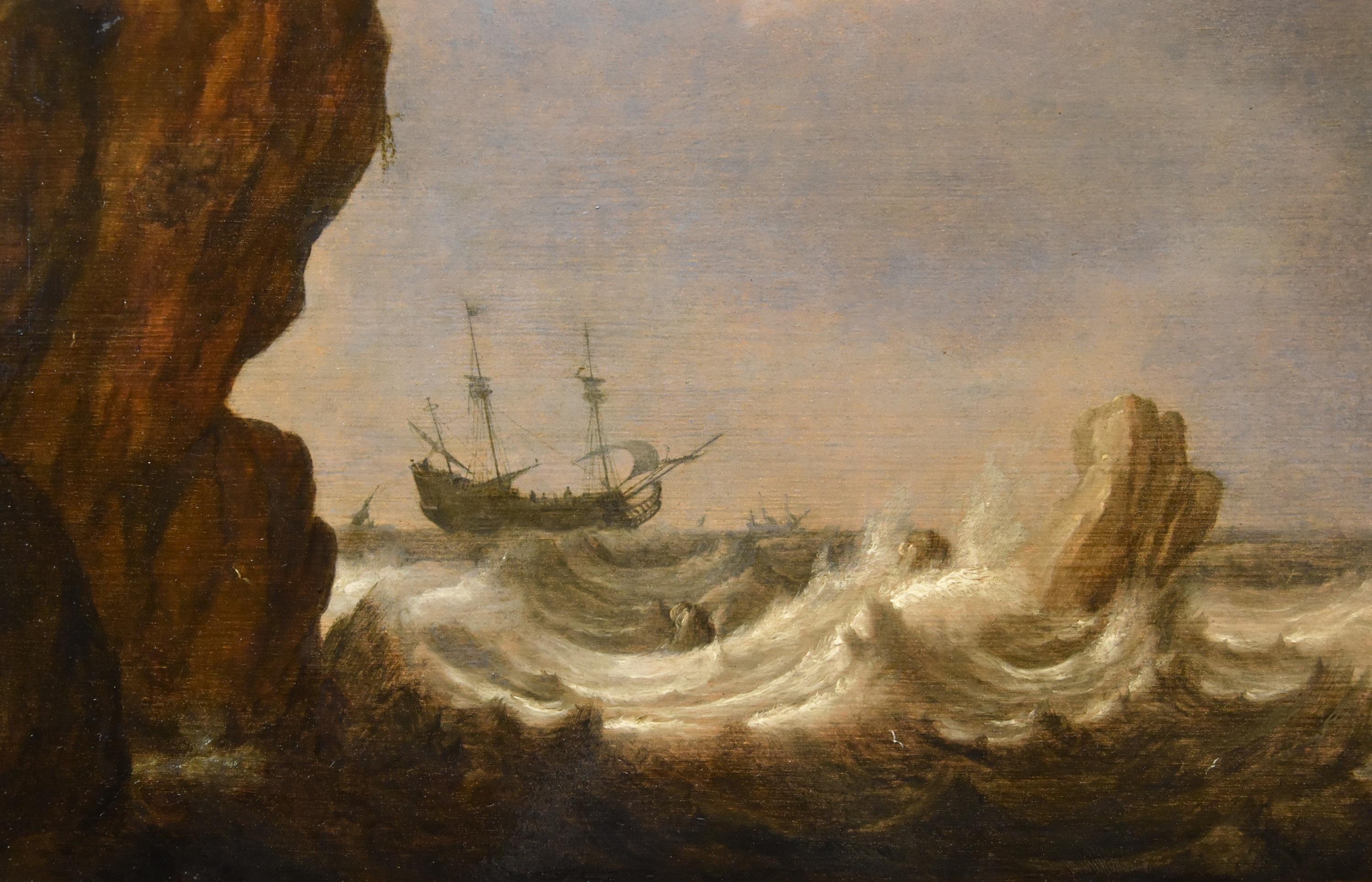 Seascape Ships Landscape Porcellis 17th Century Paint Oil on table Old master For Sale 6