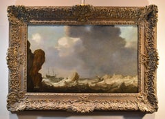 Antique Seascape Ships Landscape Porcellis 17th Century Paint Oil on table Old master