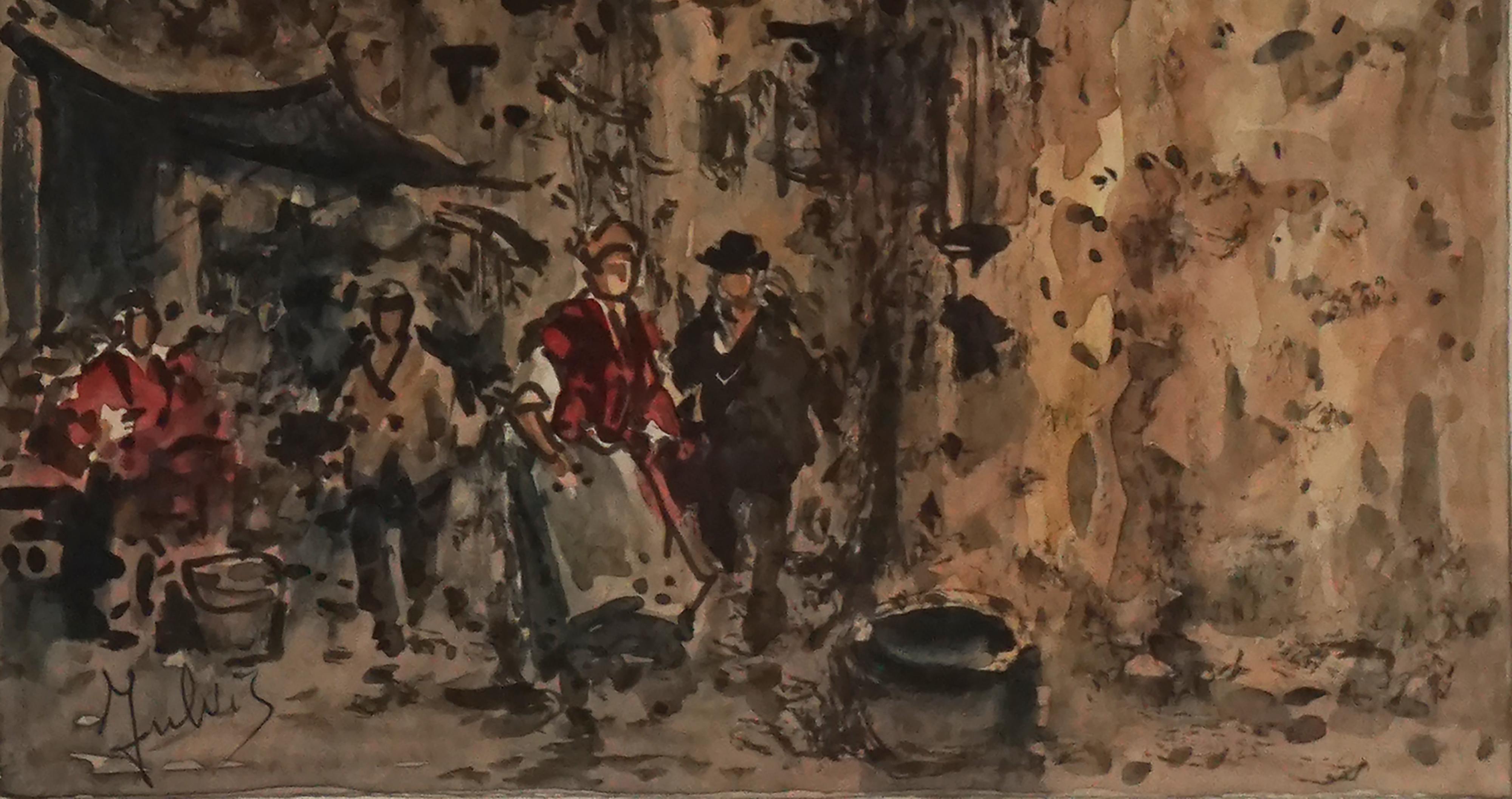 Pariser Street Scene aus der Mitte des Jahrhunderts (Braun), Figurative Painting, von Julius Rosenbaum