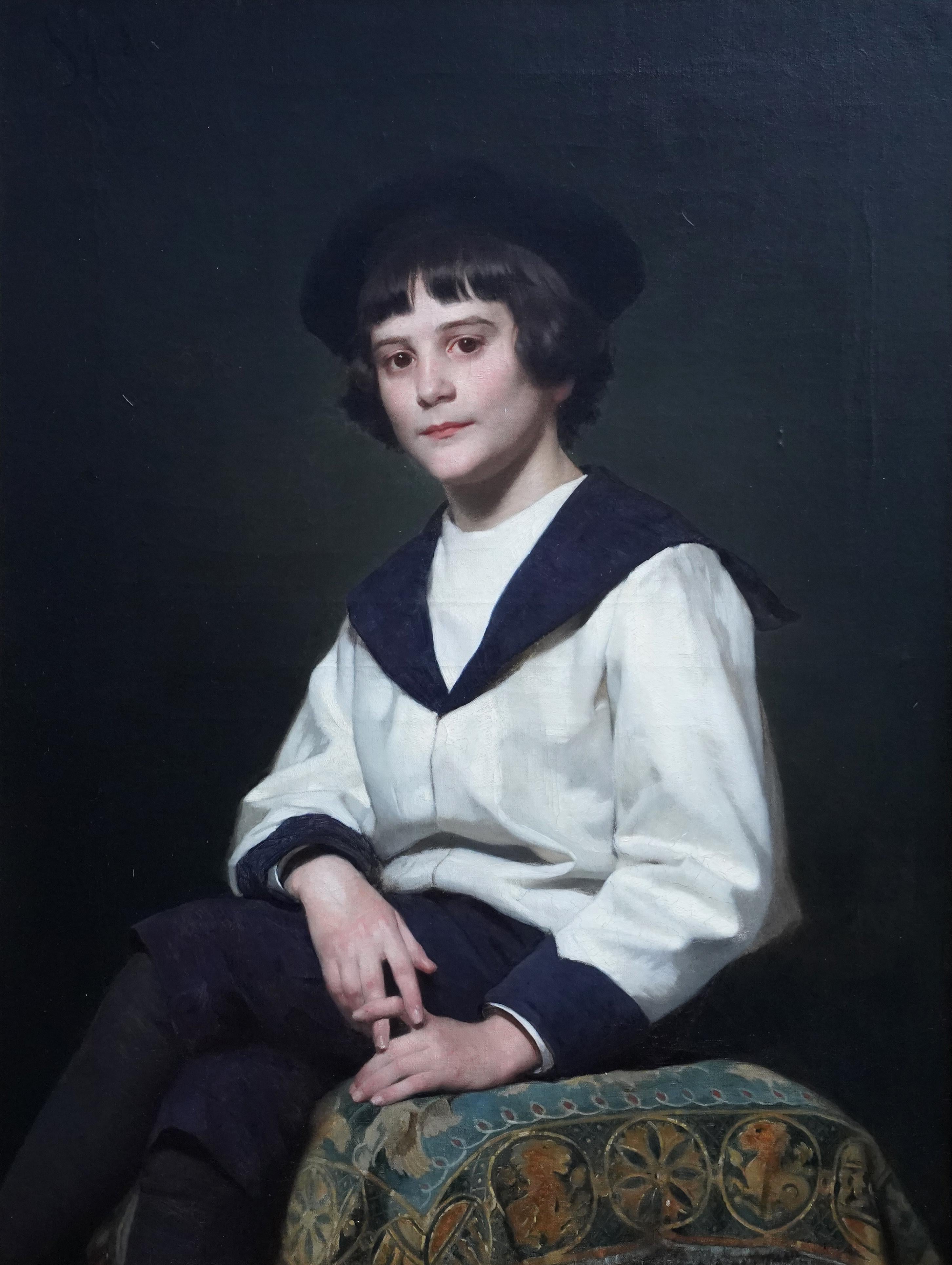 Portrait of a Boy in Sailor Suit - Austrian Edwardian art portrait oil painting - Painting by Julius Schmid