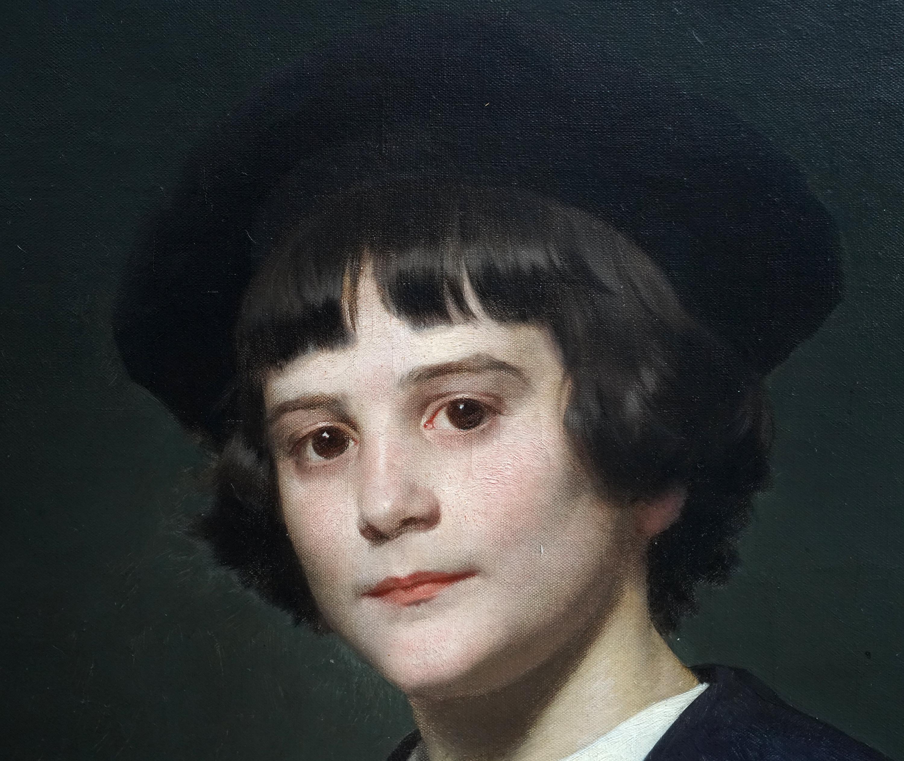 Portrait of a Boy in Sailor Suit - Austrian Edwardian art portrait oil painting - Black Portrait Painting by Julius Schmid