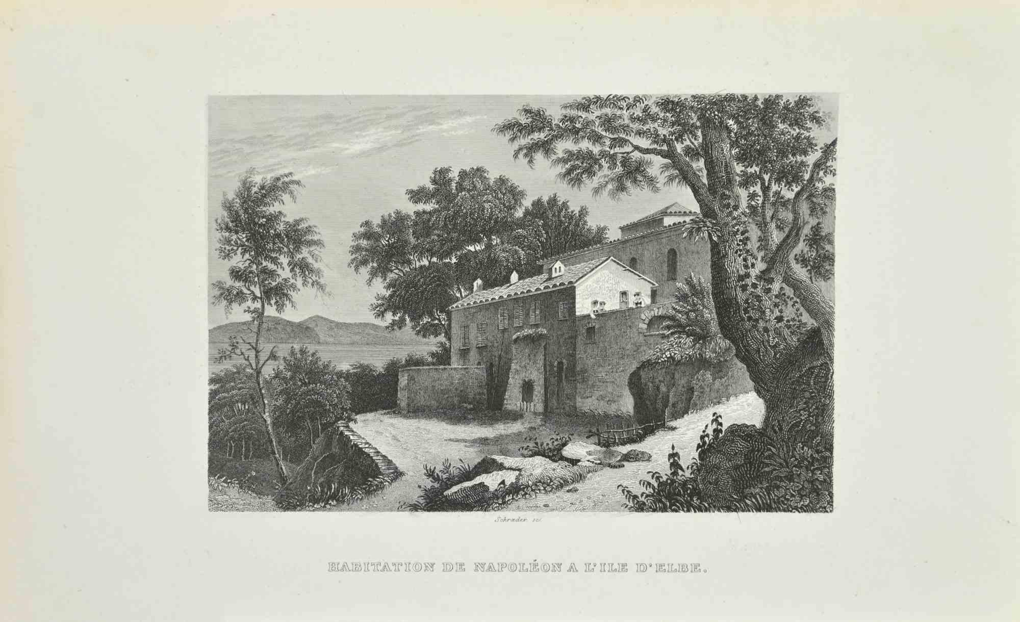 Napoleon's dwelling on the island of Elba is an Etching realized by Schrader in 1837.

Good conditions.

The artwork is realized in a well-balanced composition. the artwork and belongs to the suite suite "AtlasBatt" realized within Jacques Norvins'