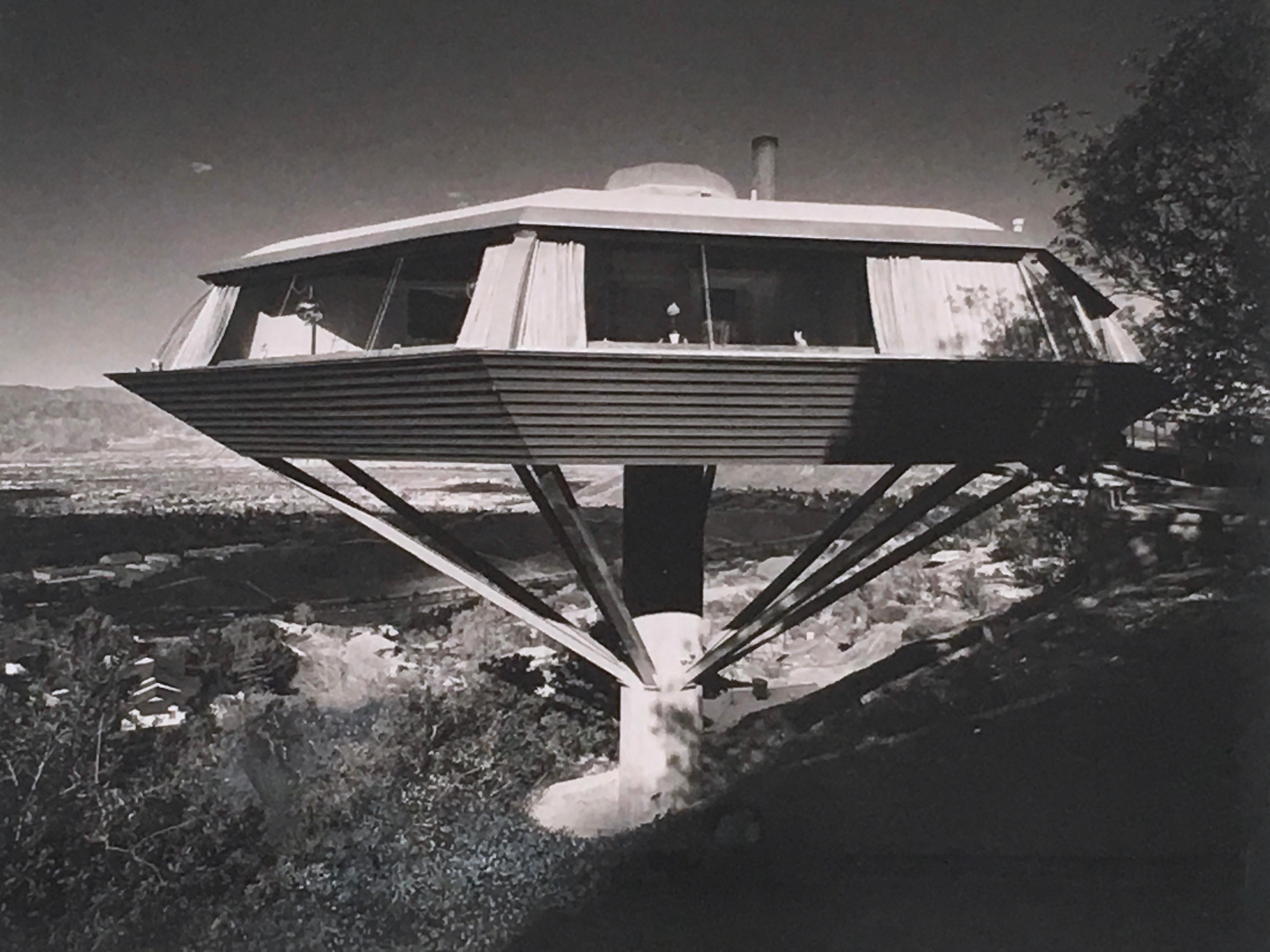 An original  black and white photograph by important American architectural photographer Julius Shulman (1910-2009) of the Chemosphere in Los Angeles, one of the world's most famous Mid-Century Modern houses designed by architect John Lautner,