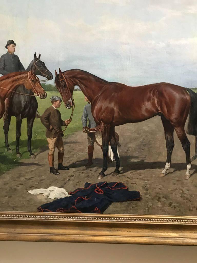 Magnifique peinture à l'huile du début du 20e siècle représentant des chevaux de course - aux galons - Académique Painting par Julius von Blaas