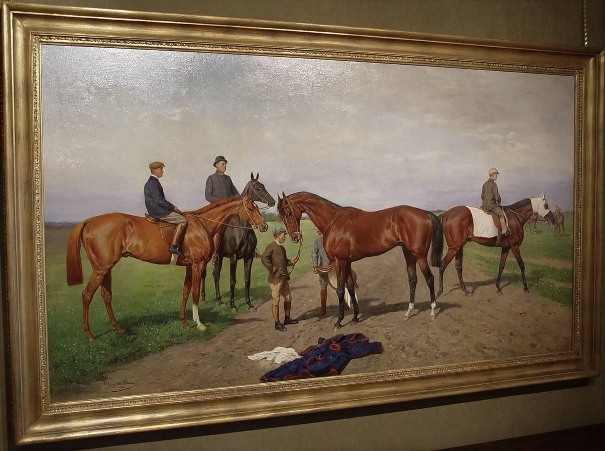 Figurative Painting Julius von Blaas - Magnifique peinture à l'huile du début du 20e siècle représentant des chevaux de course - aux galons