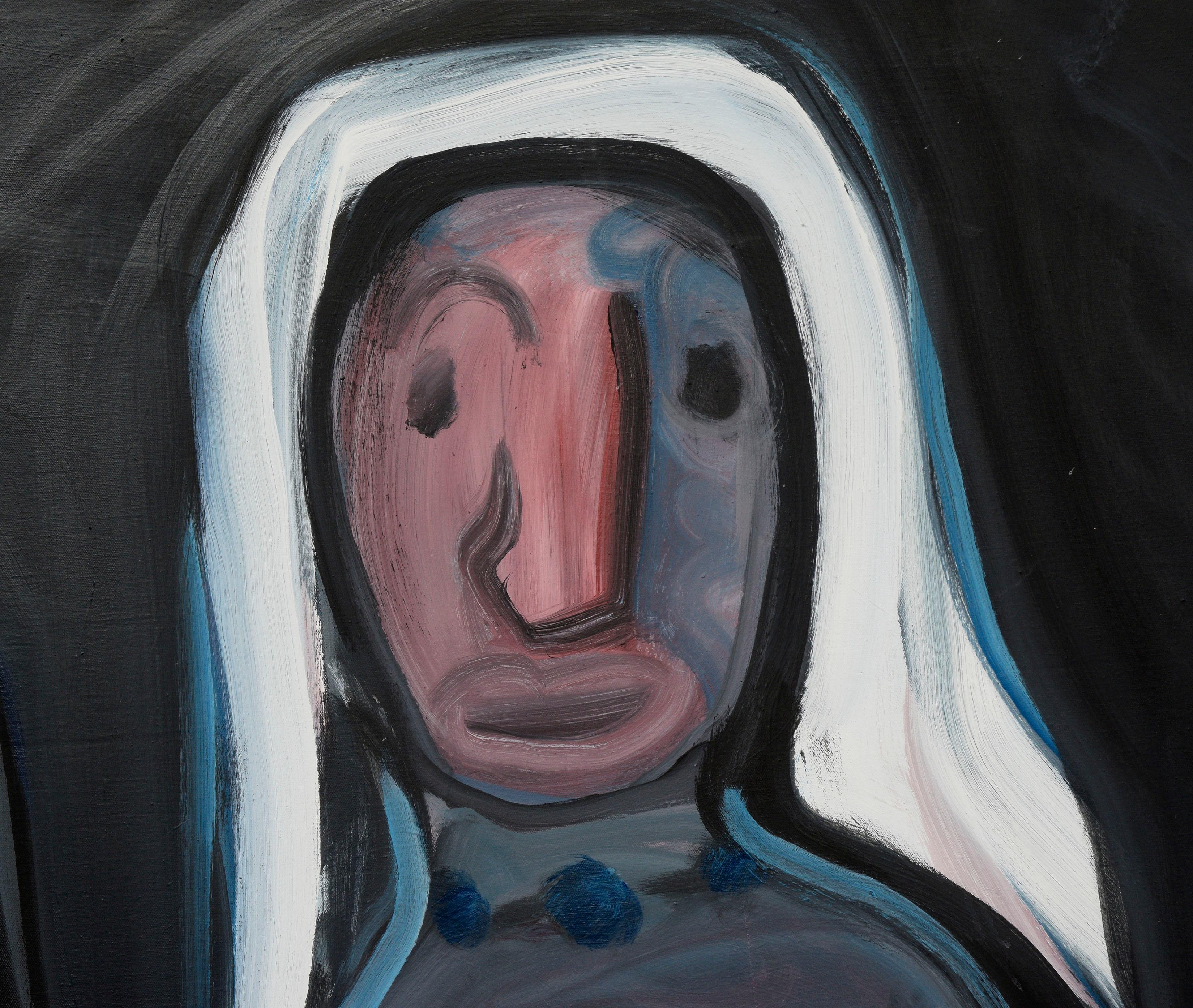 Un sorprendente acrilico figurativo espressionista astratto di grandi dimensioni su tela dell'artista della Bay Area Julius Wasserstein (americano, 1924-1985). Due figure astratte, un uomo in giacca e cravatta e una donna in abito da sposa blu e