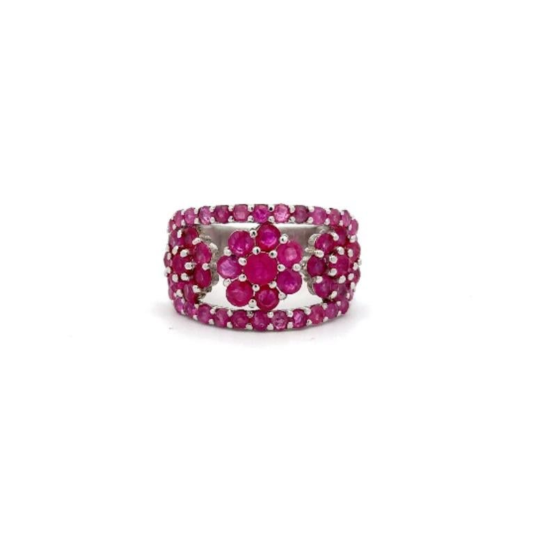 For Sale:  July Birthstone Designer Ruby Flower Band Ring in Sterling Silver for Women 2