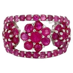 July Birthstone Designer Ruby Flower Band Ring in Sterling Silver for Women
