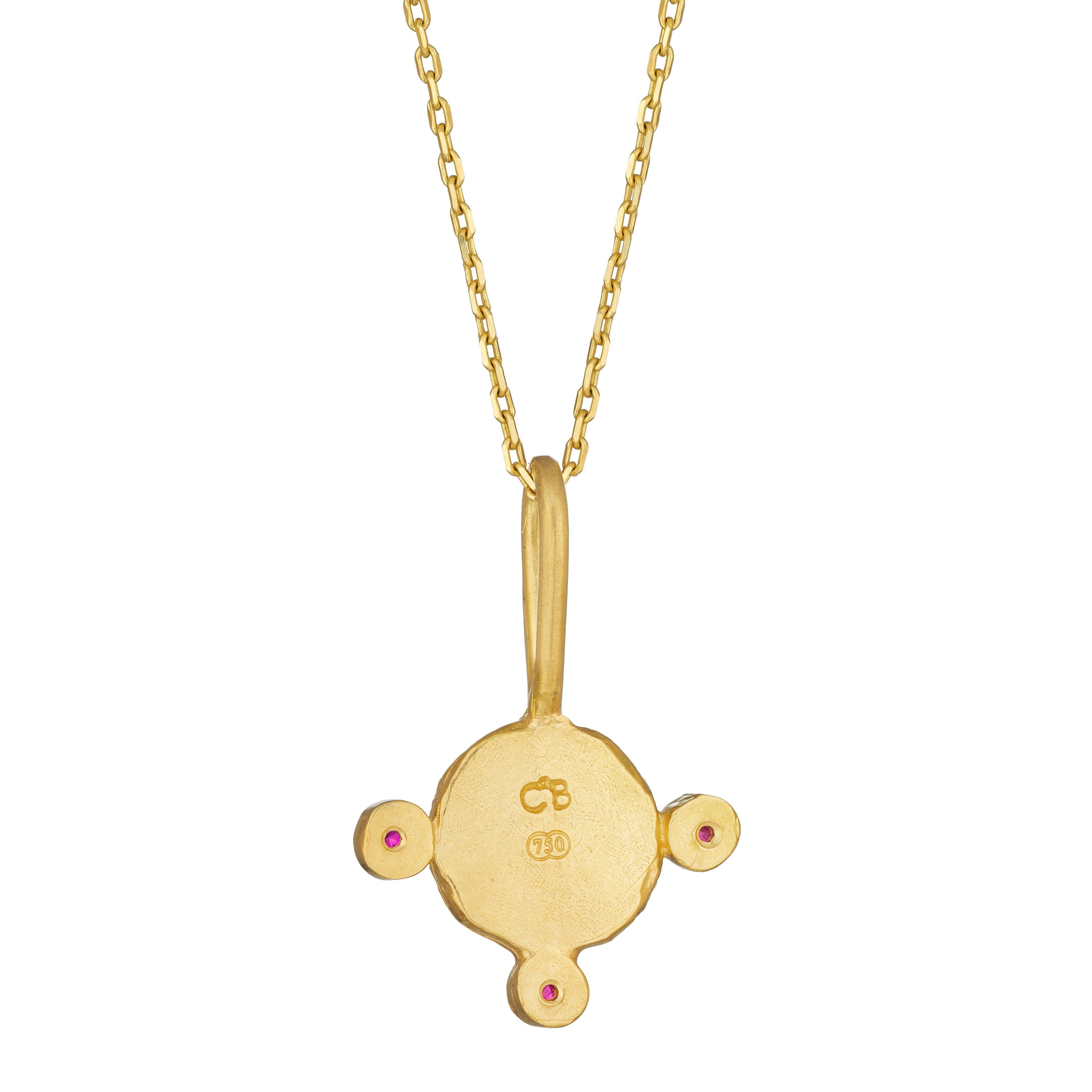 July Birthstone Pendant Necklace with Ruby, 18 Karat Yellow Gold
Handcrafted and individually cast in 18-karat solid yellow gold. Olivia carves each piece from wax, making these pendants unique, which we believe is what gives them their beauty.  
A