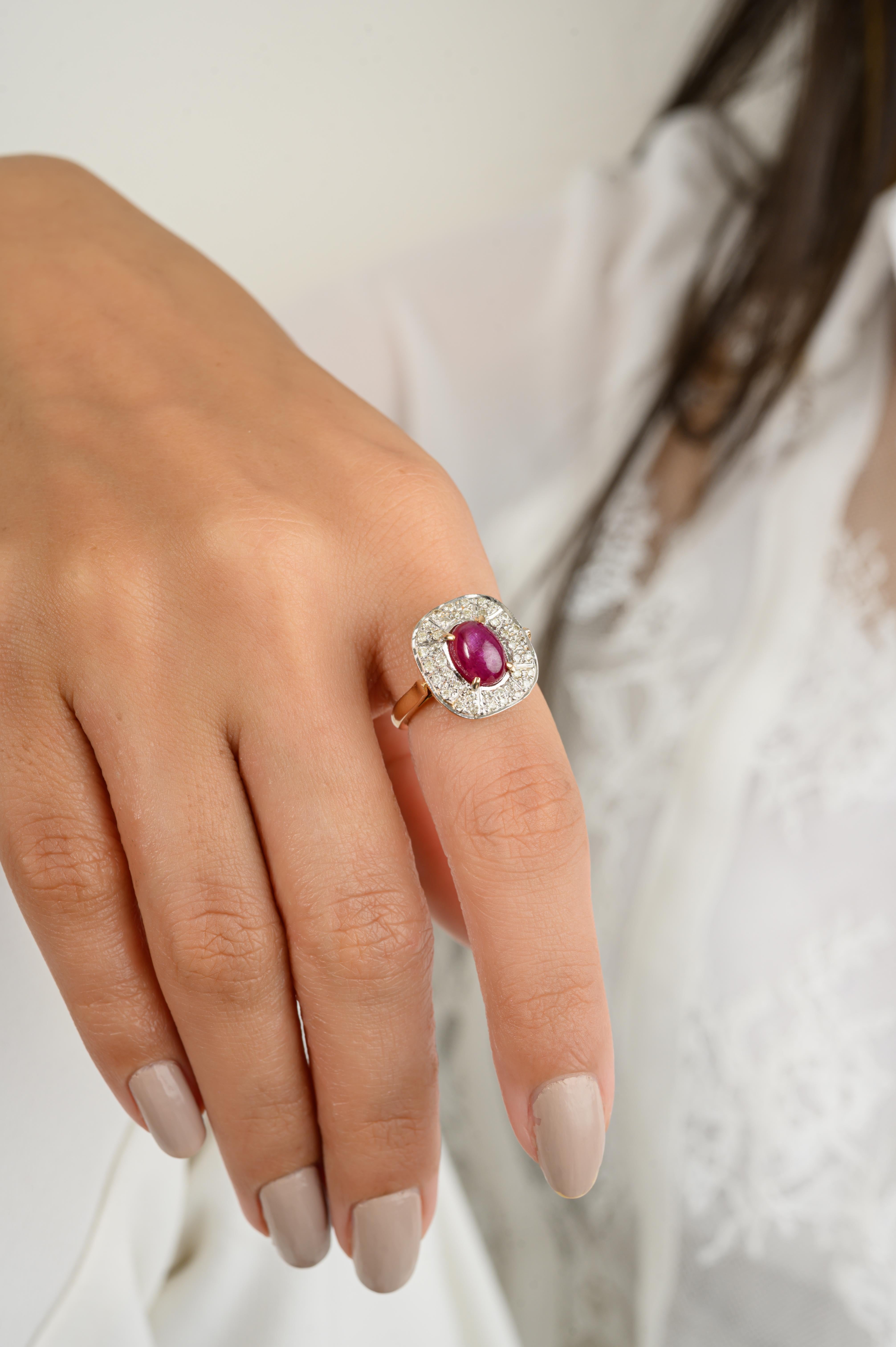 For Sale:  Regal Ruby Halo Diamond Cocktail Ring for Women in 14k Solid Yellow Gold 4