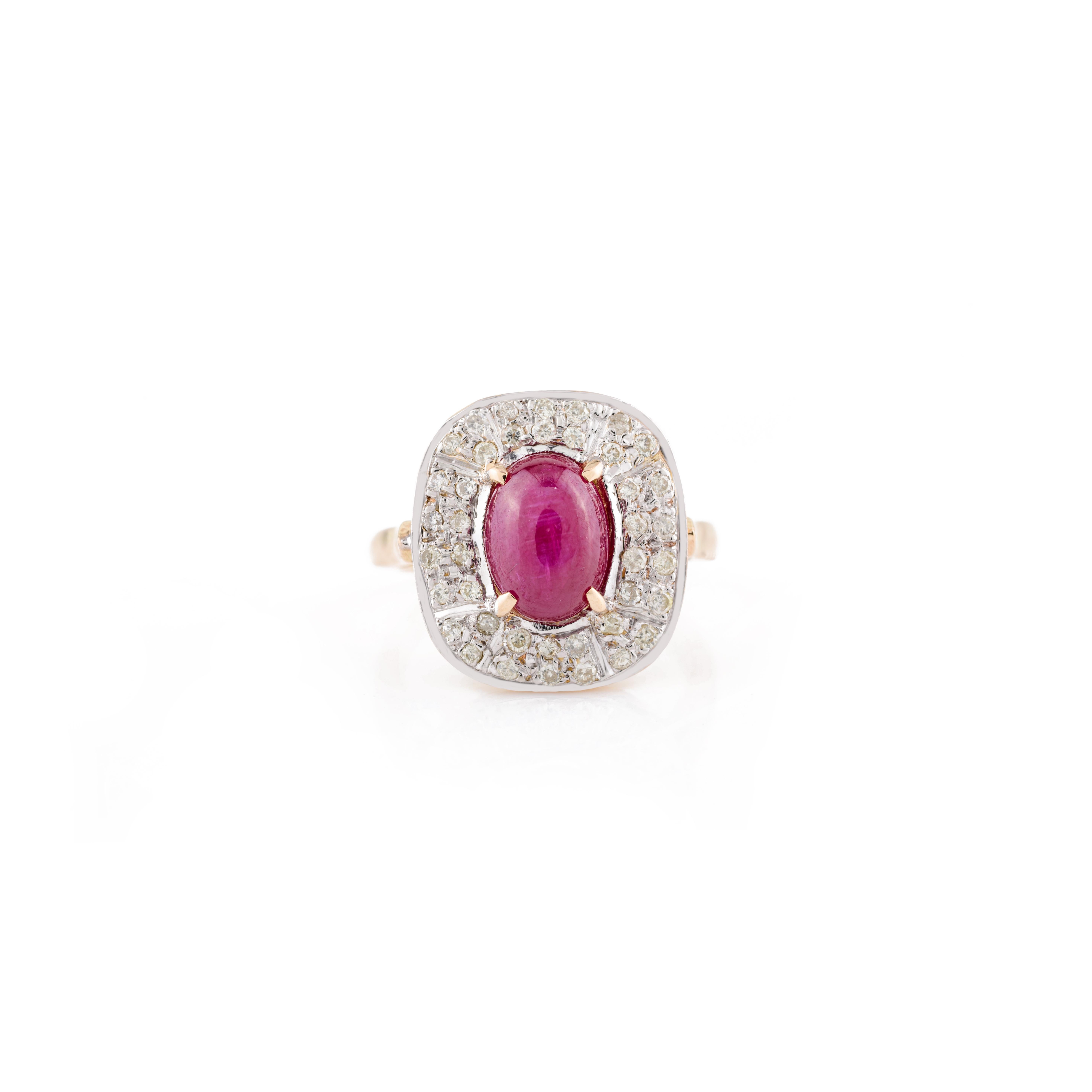 For Sale:  Regal Ruby Halo Diamond Cocktail Ring for Women in 14k Solid Yellow Gold 5