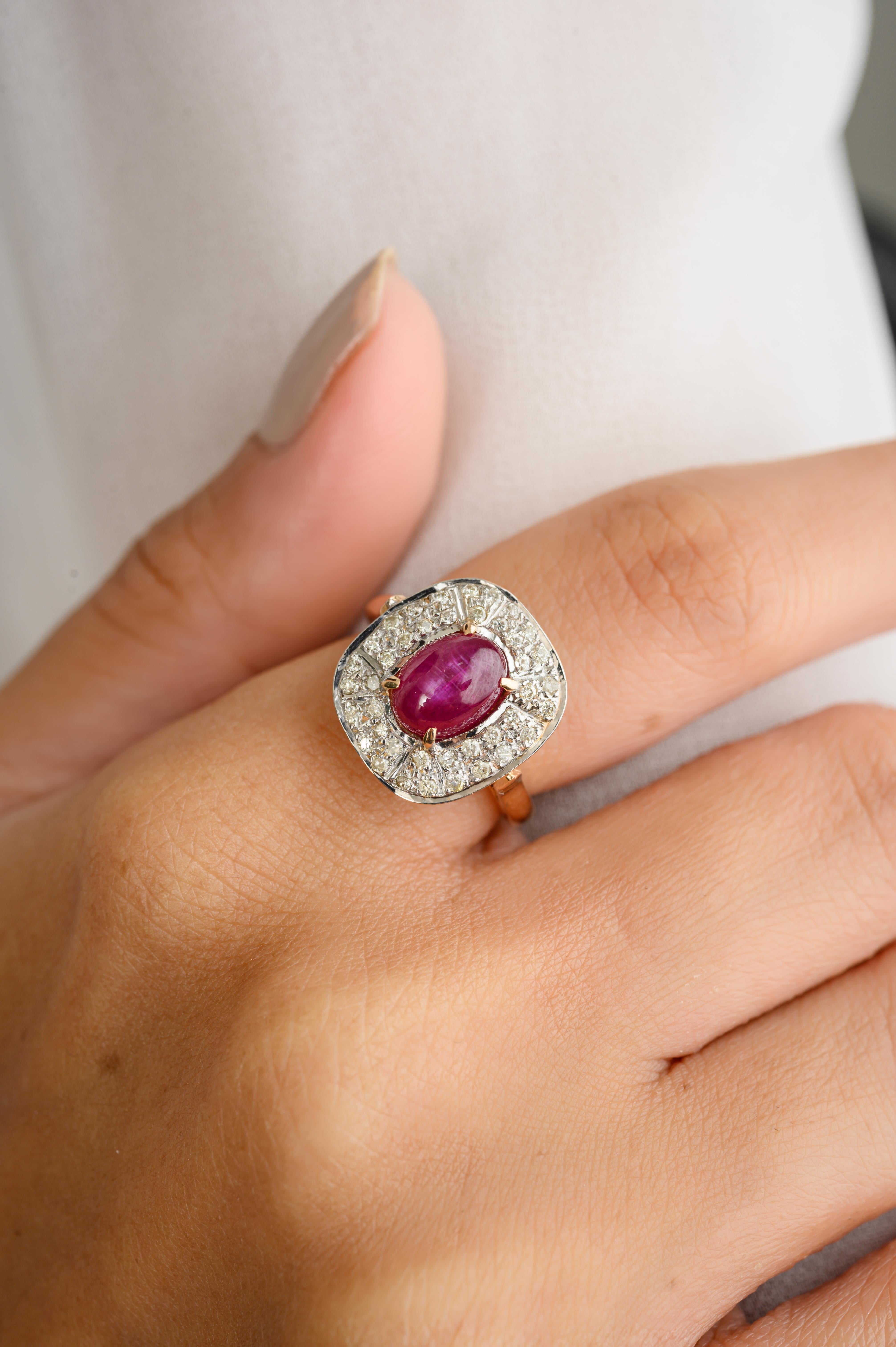 For Sale:  Regal Ruby Halo Diamond Cocktail Ring for Women in 14k Solid Yellow Gold 8