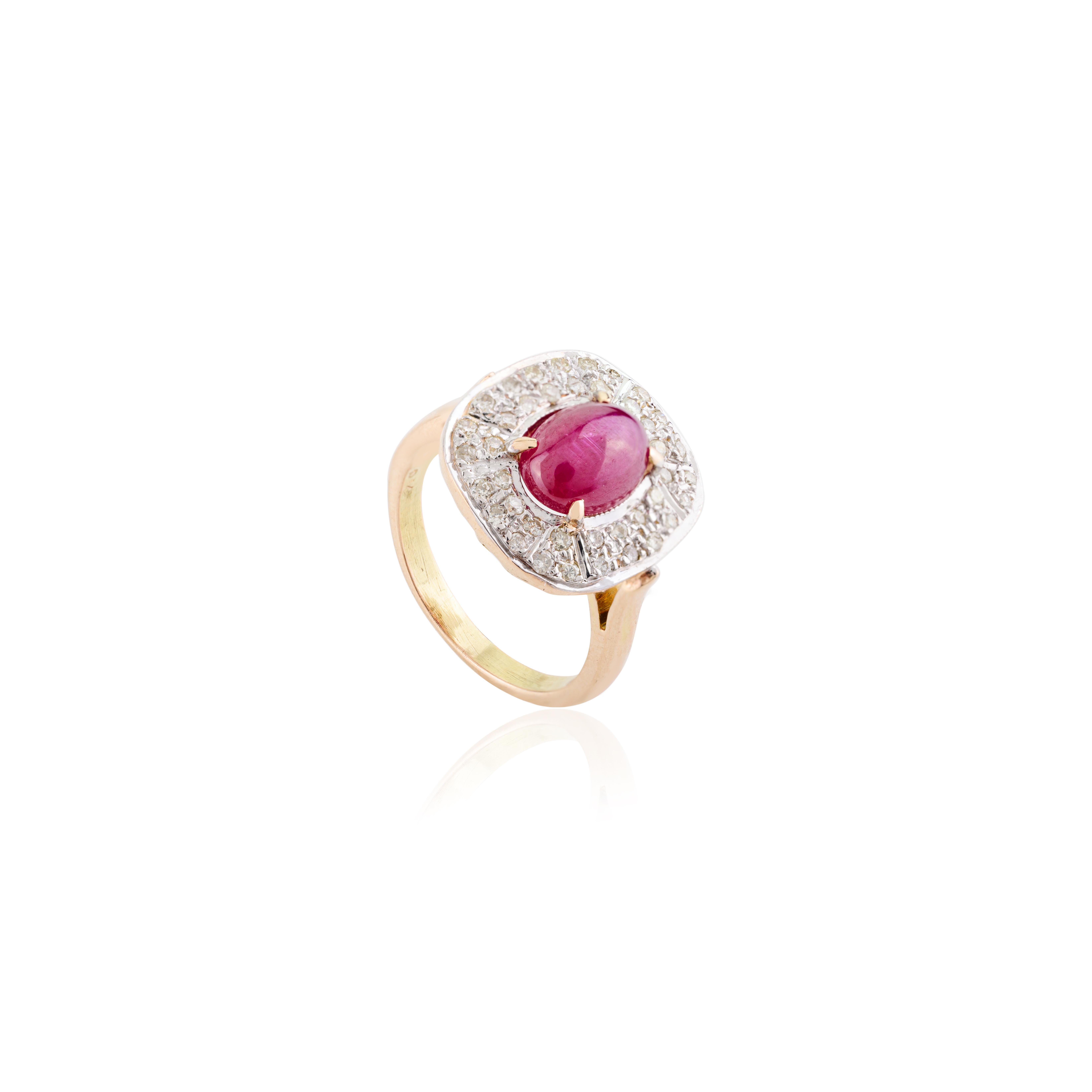 For Sale:  Regal Ruby Halo Diamond Cocktail Ring for Women in 14k Solid Yellow Gold 9
