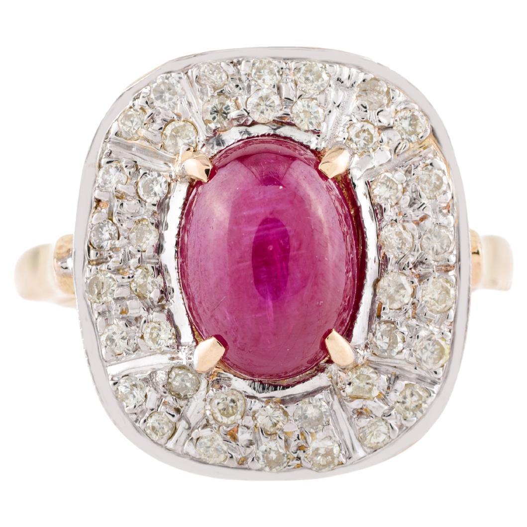 For Sale:  Regal Ruby Halo Diamond Cocktail Ring for Women in 14k Solid Yellow Gold