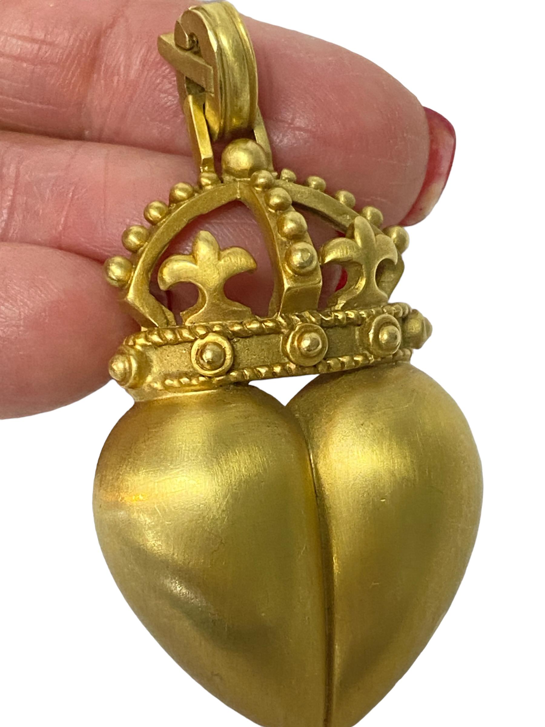 Women's or Men's Jumbo 1987 Kieselstein Cord 18K Yellow Gold Crowned Heart Pin Pendant