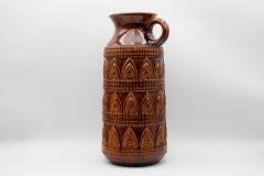 West German Ceramic Floor Vase with Handle, Brown Glaze, Relief Pattern