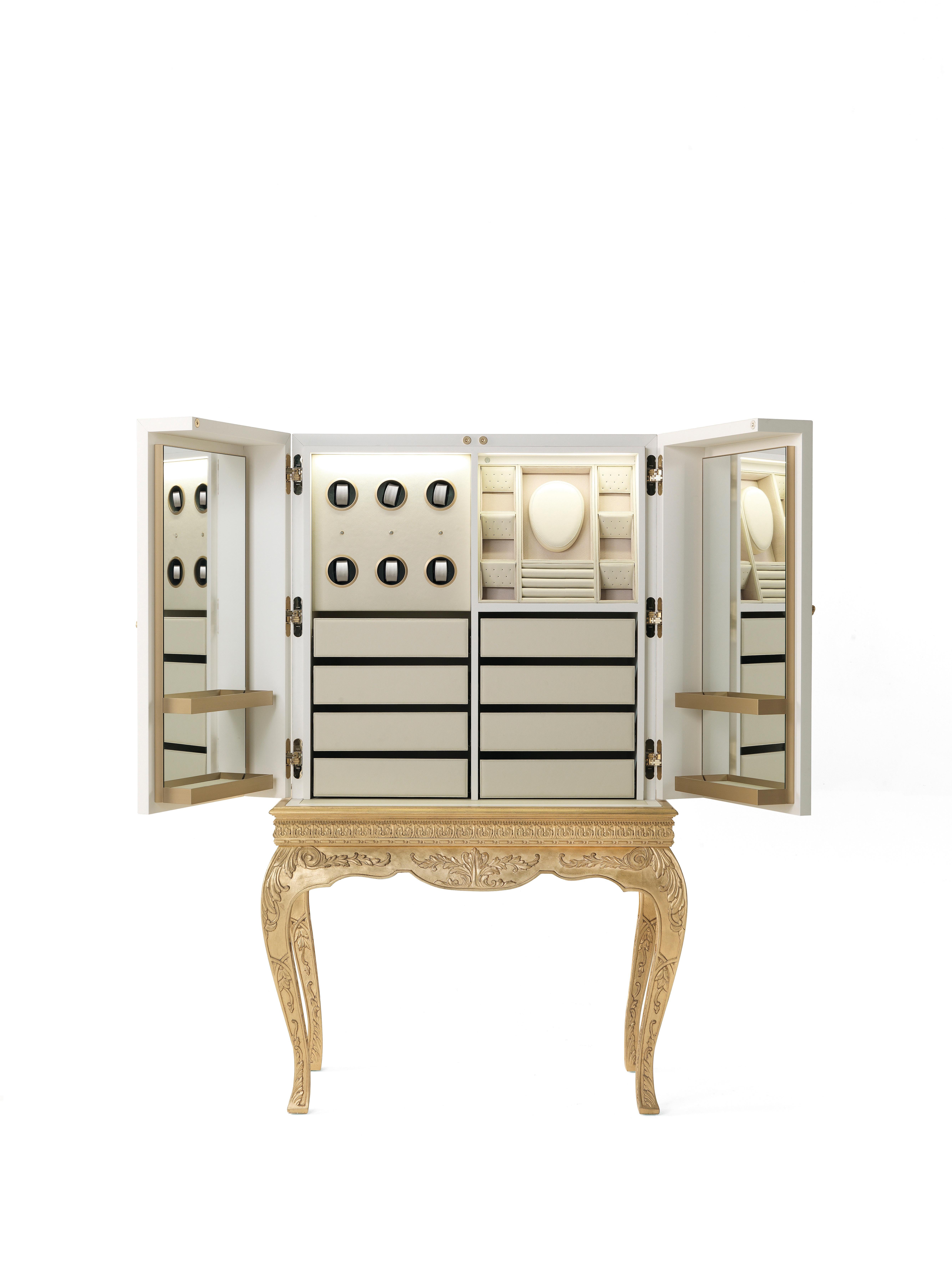Italian 21st Century Brocart Jewel Cabinet with Gold Leaf Laser Engraved Lace Decoration For Sale