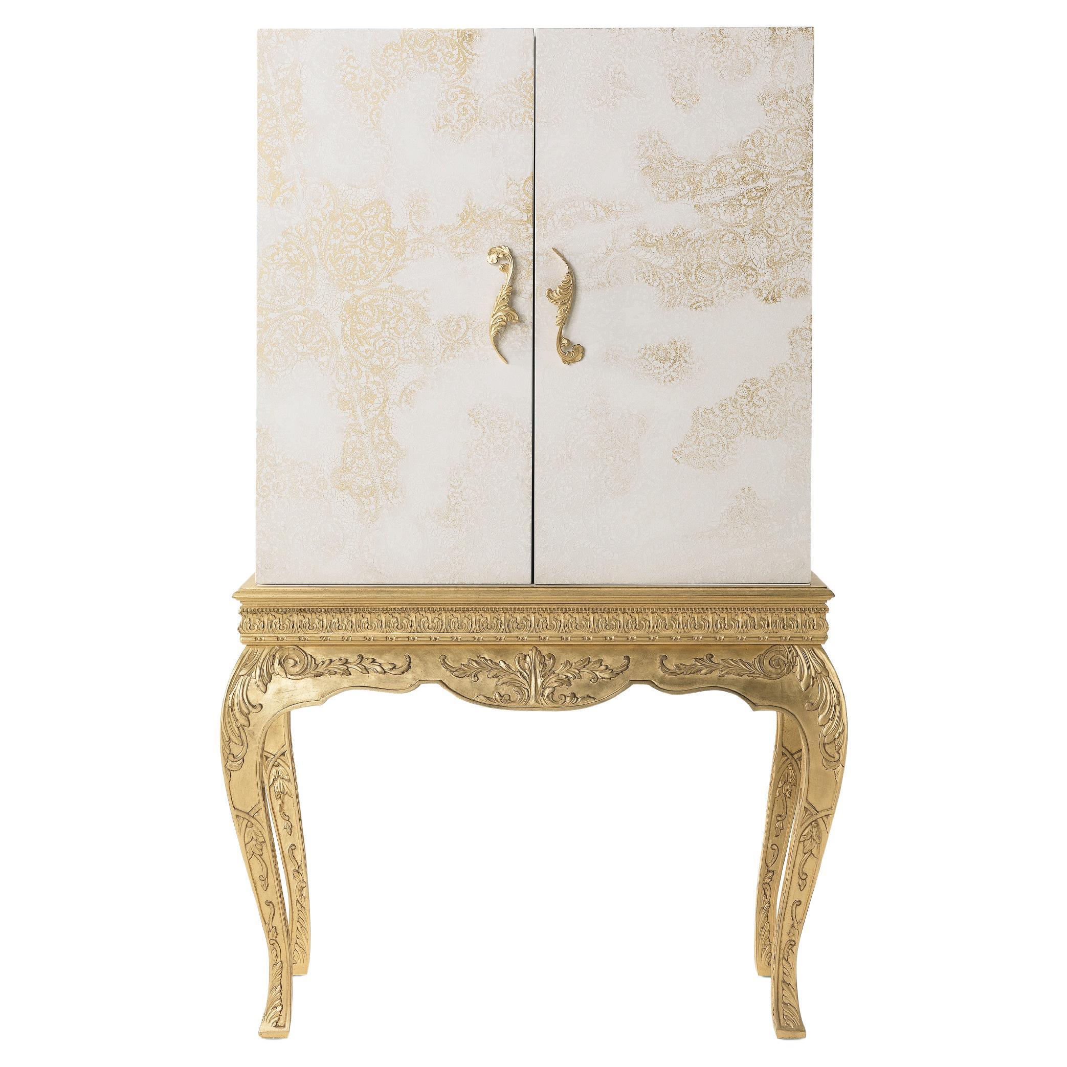 21st Century Brocart Jewel Cabinet with Gold Leaf Laser Engraved Lace Decoration