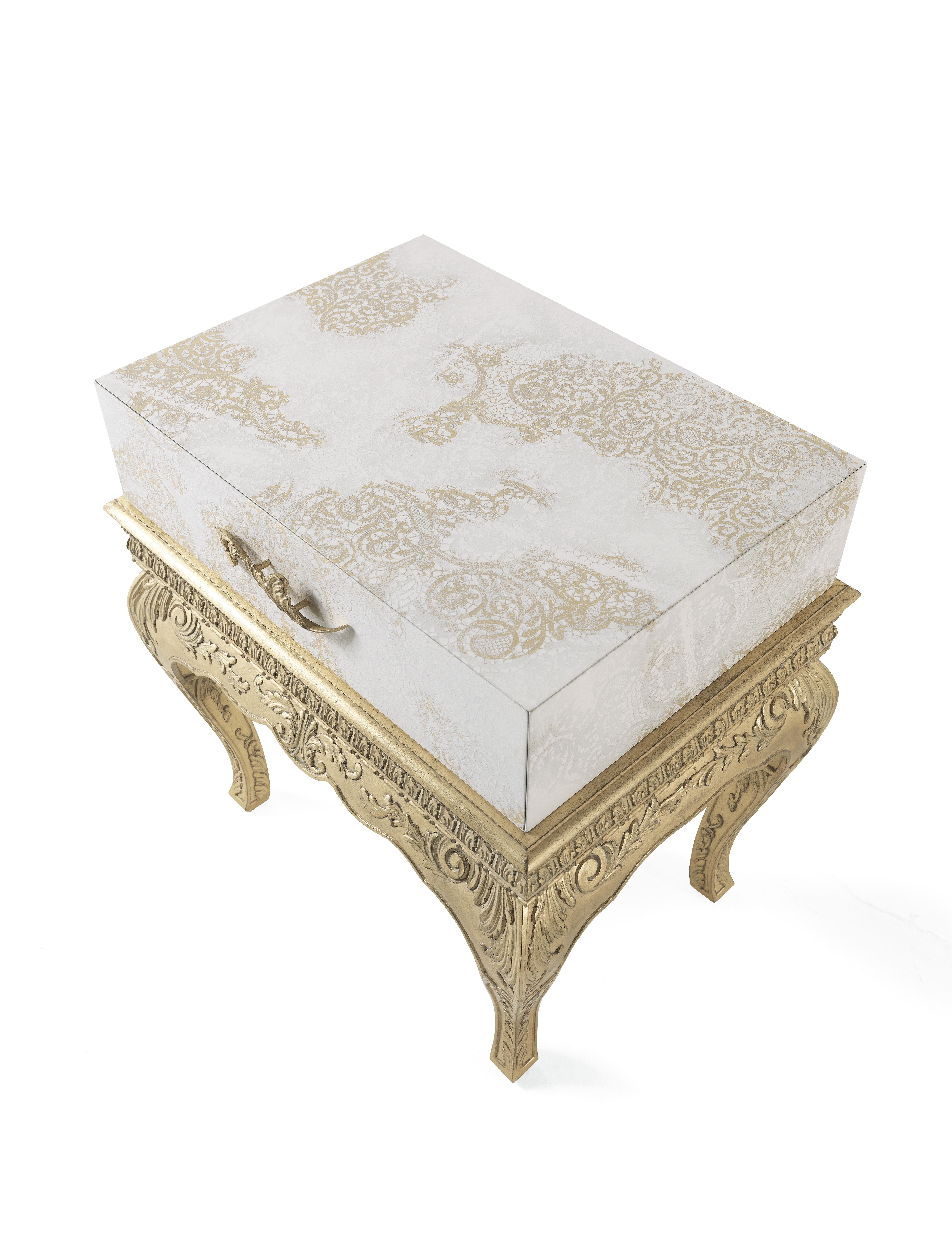 Louis XVI 21st Century Brocart Night Table with Gold Leaf Laser Engraved Lace Decoration For Sale