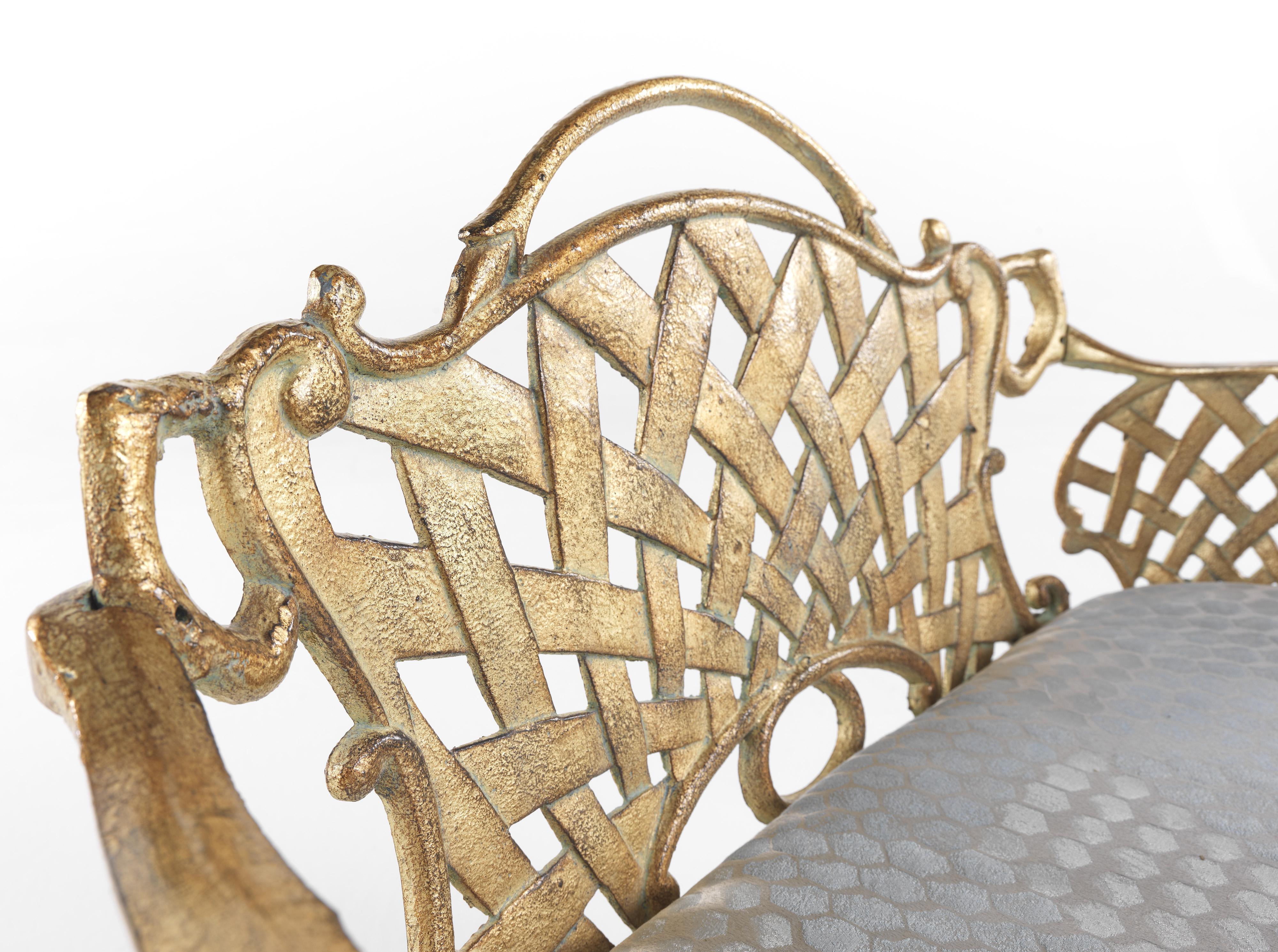 Structure in cast iron, antique gold finishing for outdoor, upholstery in fabric.
Dimensions: W. 94 x D. 56 x H. 81 cm.
 