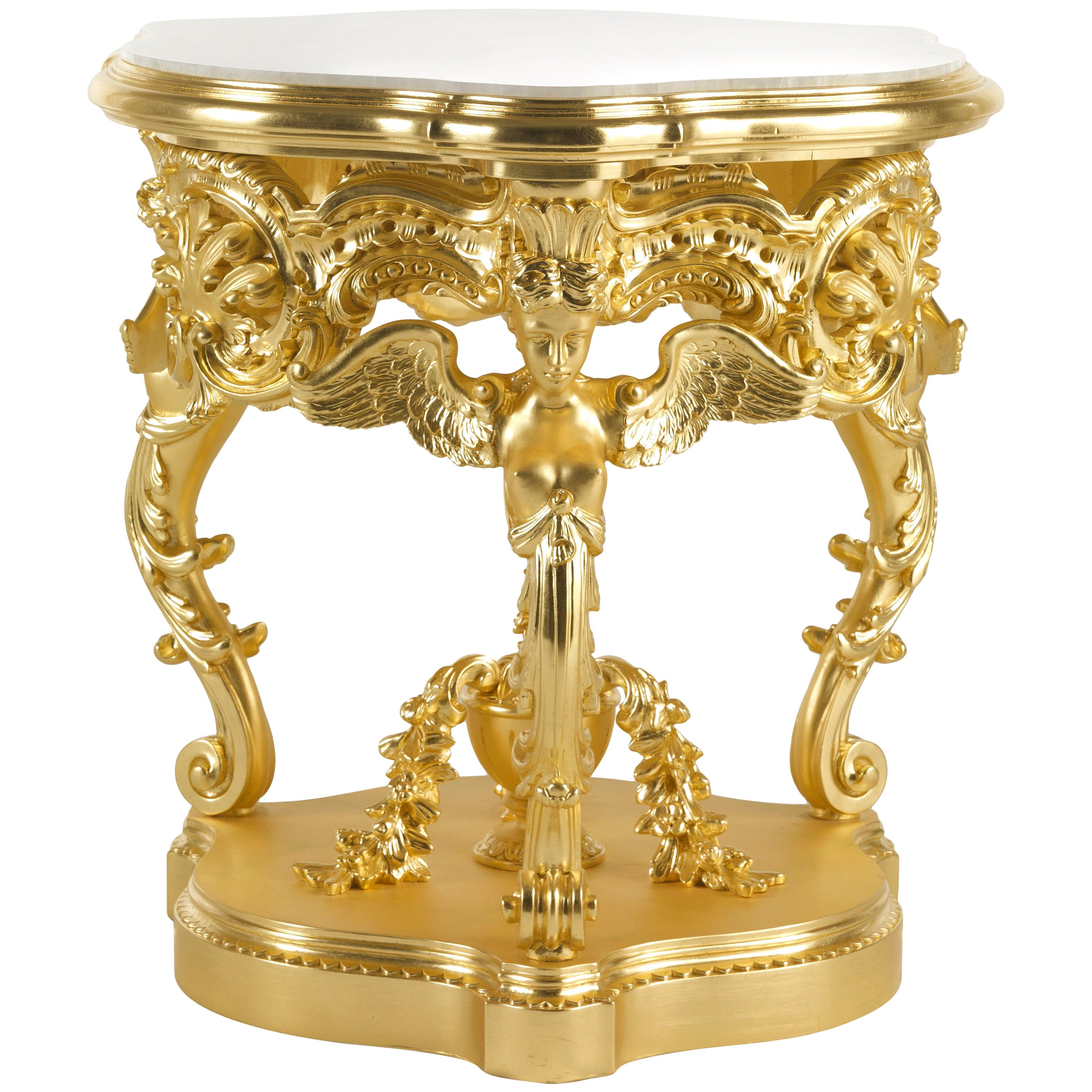 21st Century Enigma Side Table in Hand-carved Beechwood and White Marble Top For Sale