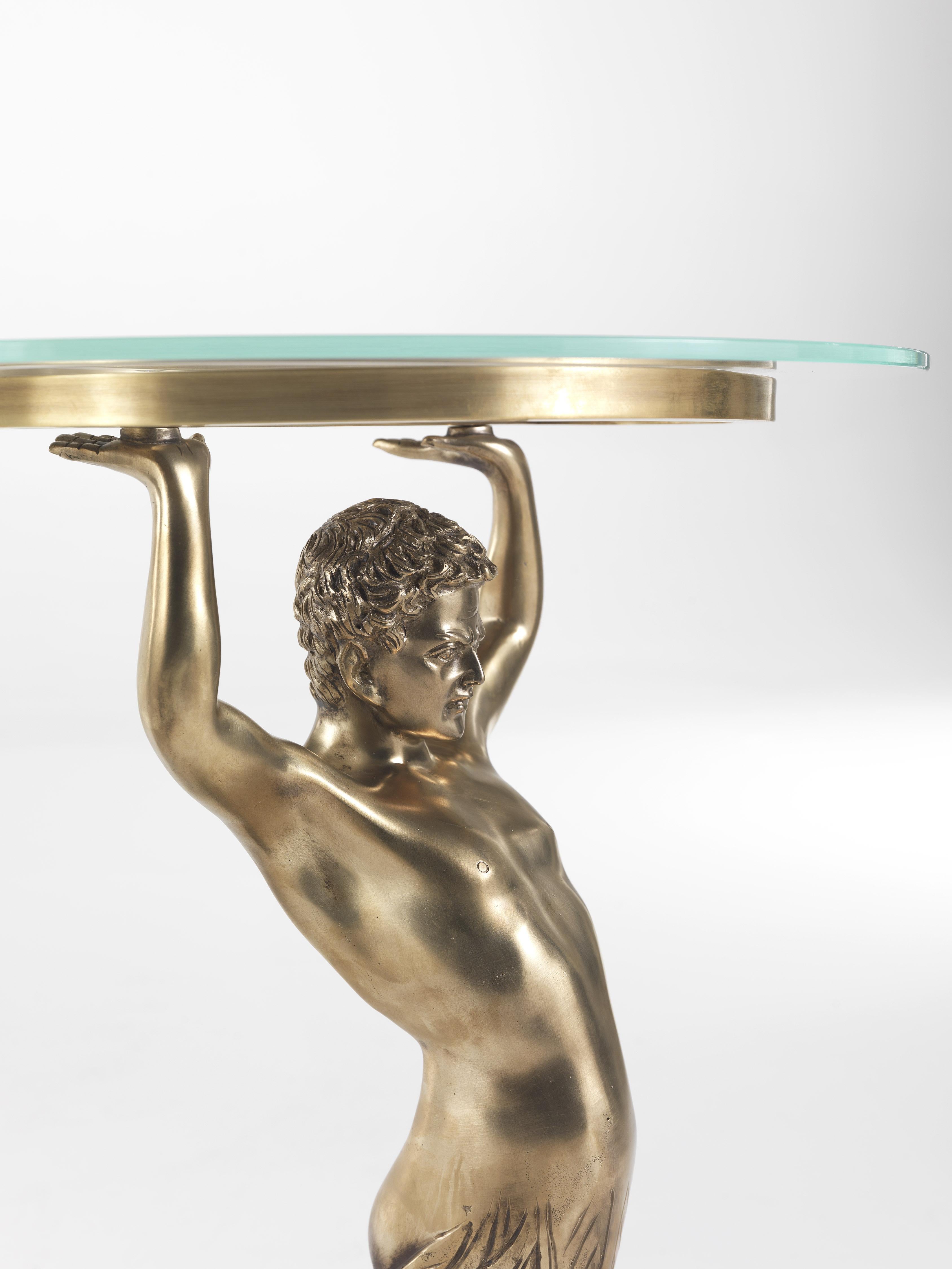 Modern Jumbo Collection Fauno Male Sculptural Side Table in Brass with Glass Top For Sale