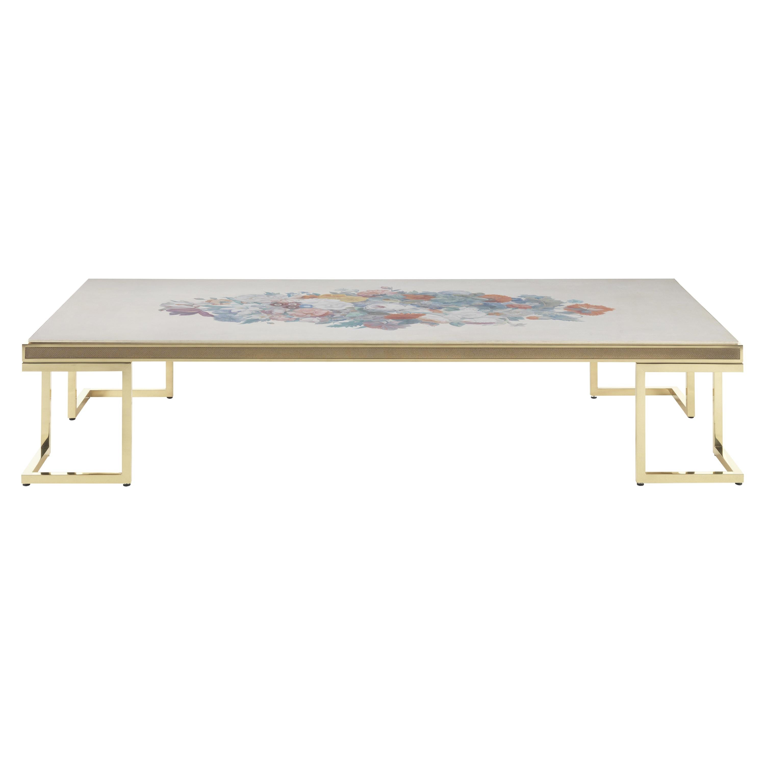 Table centrale Folies du 21e siècle en laiton et plateau avec décorations faites à la main