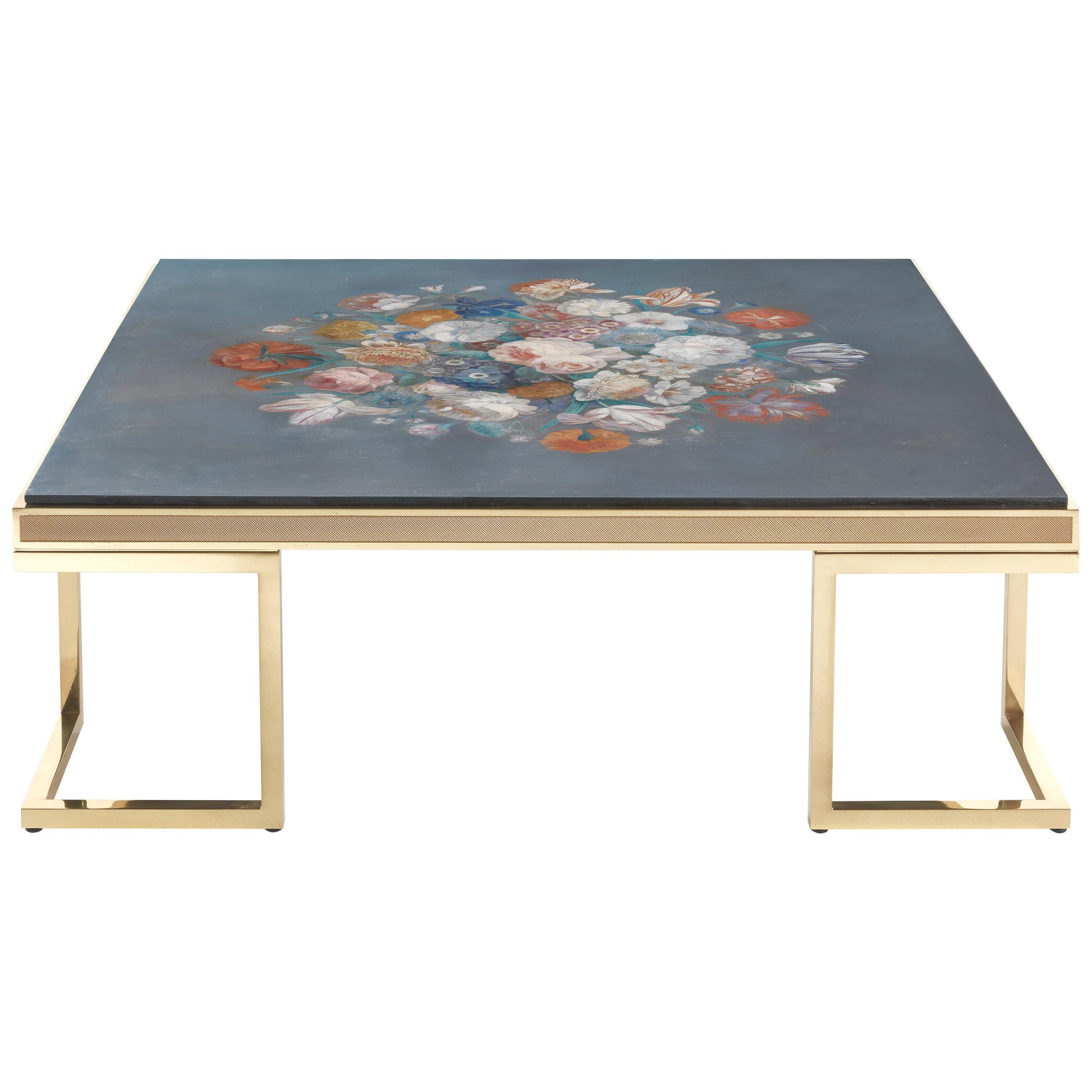 21st Century Folies Square Table in Brass and Top with Hand-made Decorations 