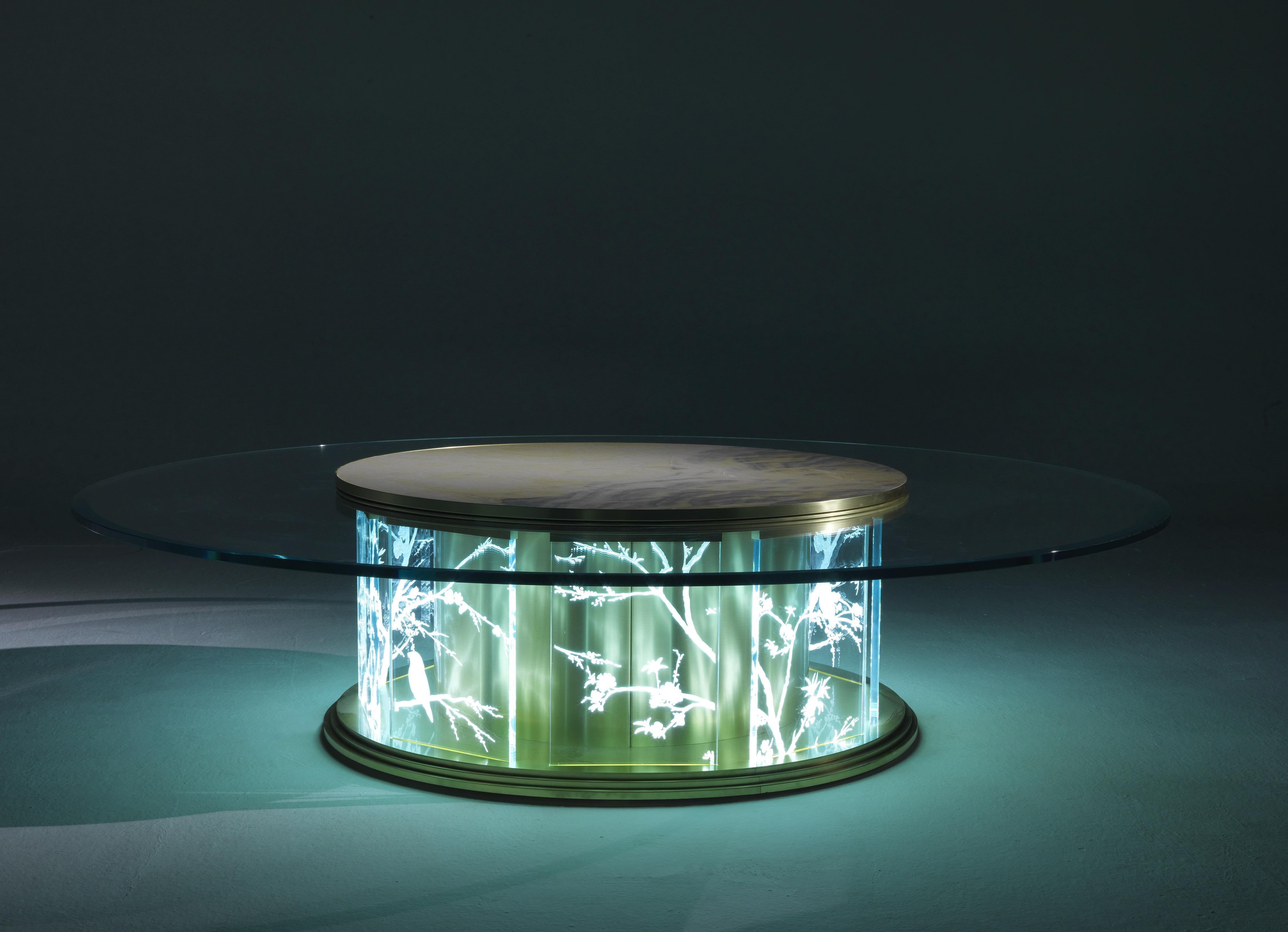 Contemporary 21st Century Fuji Center Table in Metal and Glass with Oriental Decorations For Sale