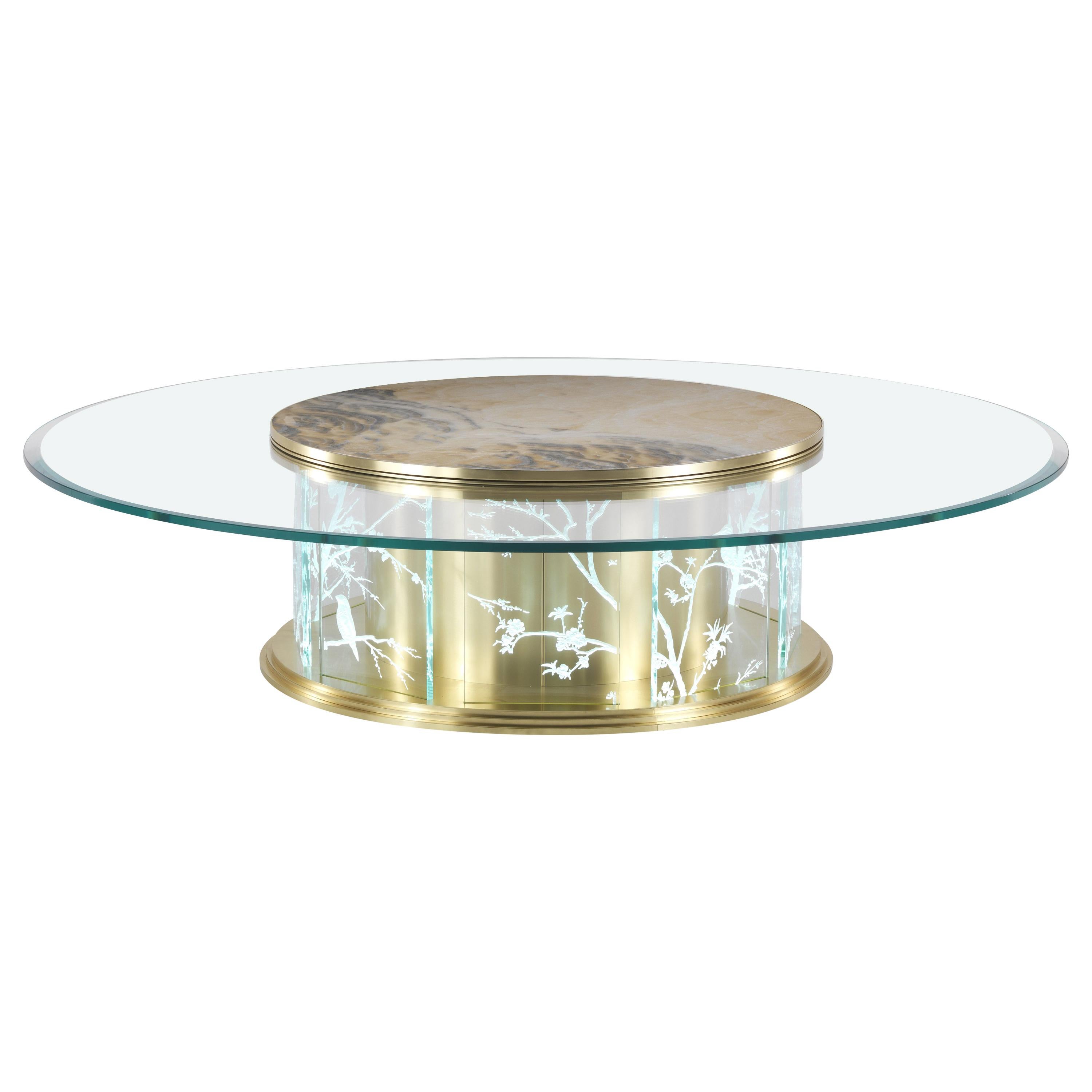 Table centrale Fuji du 21e siècle en métal et verre avec décorations orientales