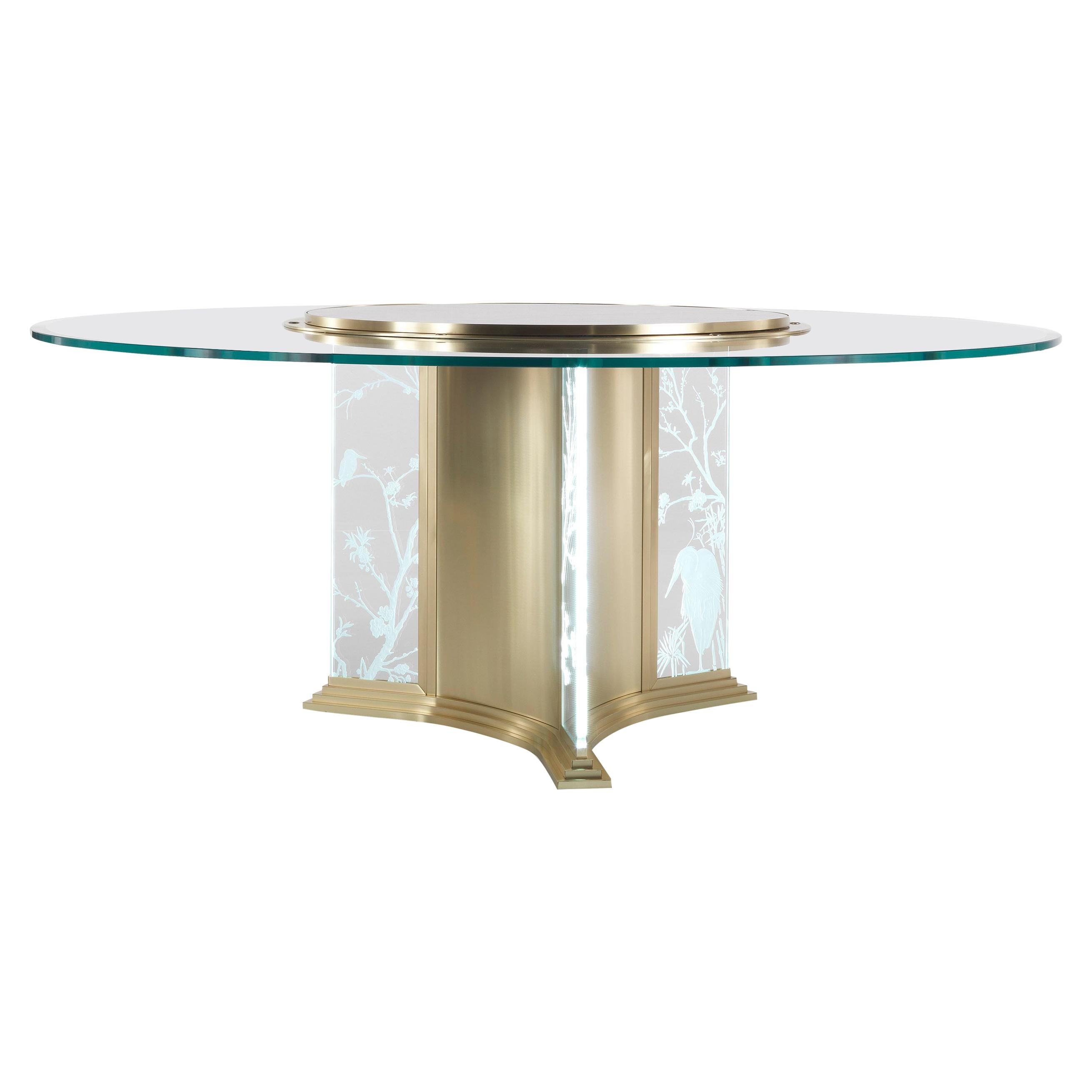 Table de salle à manger ronde Fuji du 21e siècle en métal et verre avec décoration orientale