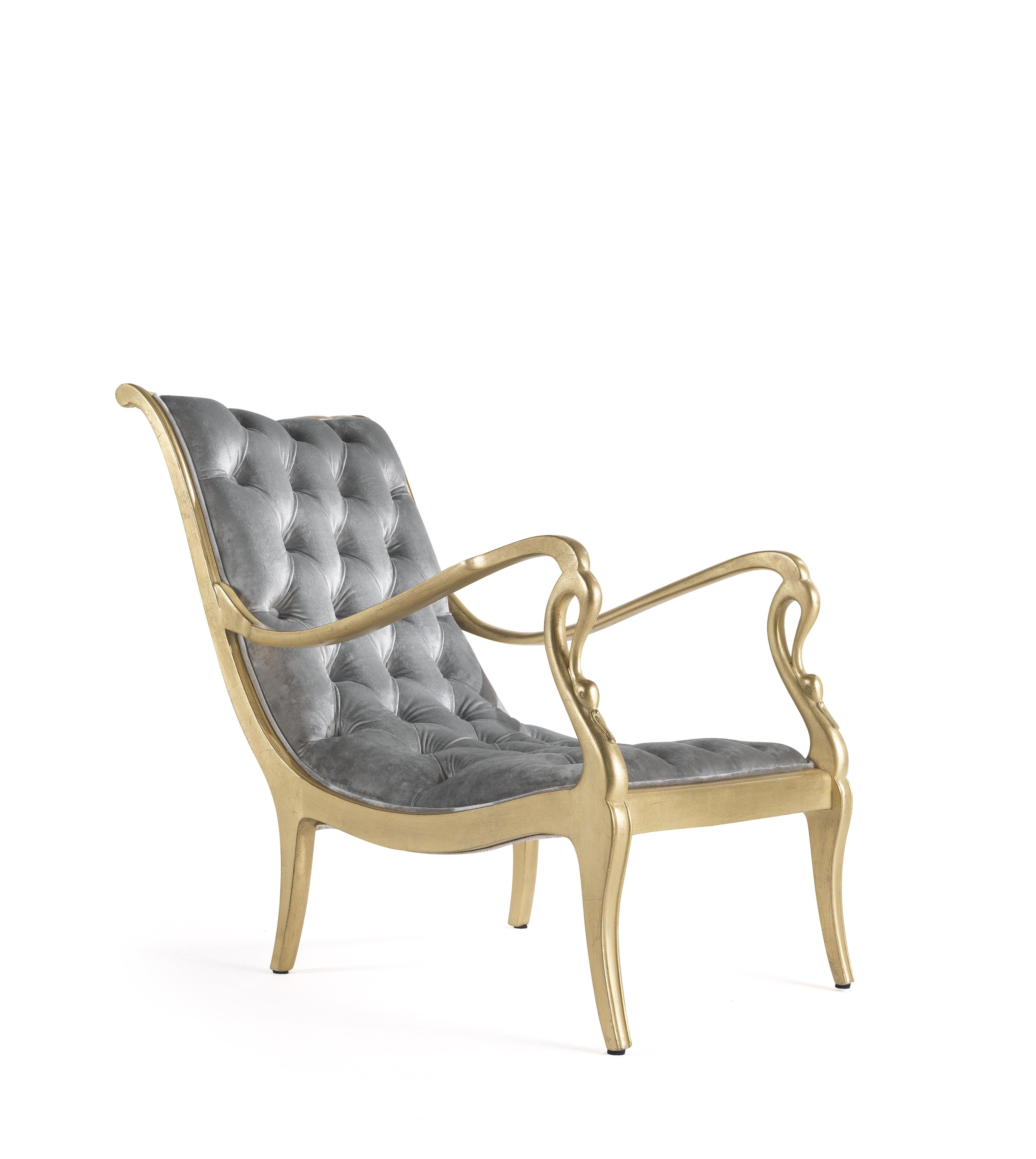 Majestic, luxurious yet light and refined. Jumbo Collection rediscovers and reinterprets a symbolic classic element, the swan, a symbol of grace and purity. In Guery armchair the swan-shaped armrests are combined with an essential and pure design,