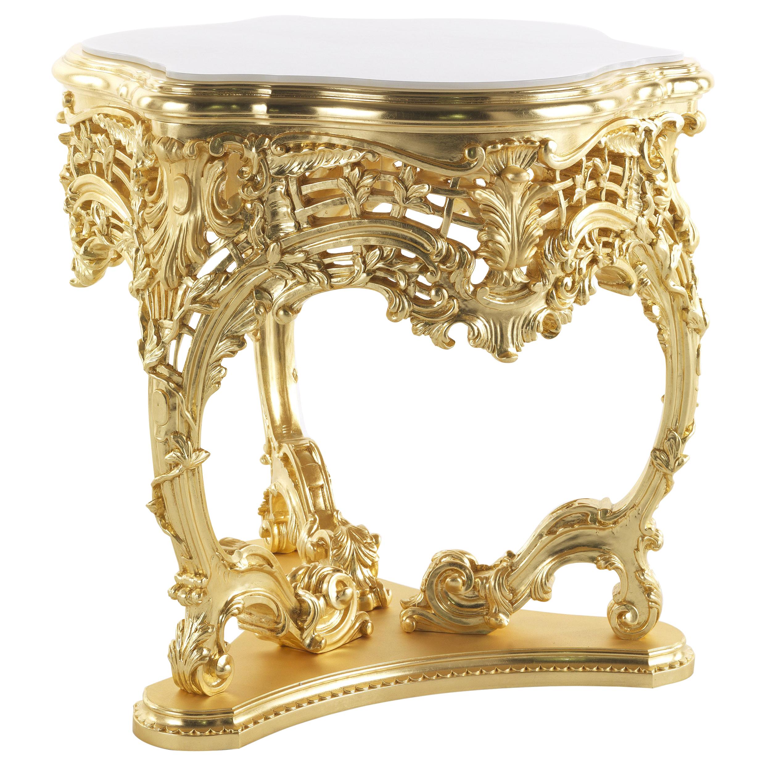 21st Century Helios Side Table in Hand-carved Beechwood and White Marble Top For Sale