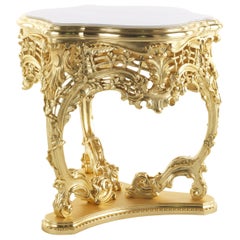 21st Century Helios Side Table in Hand-carved Beechwood and White Marble Top