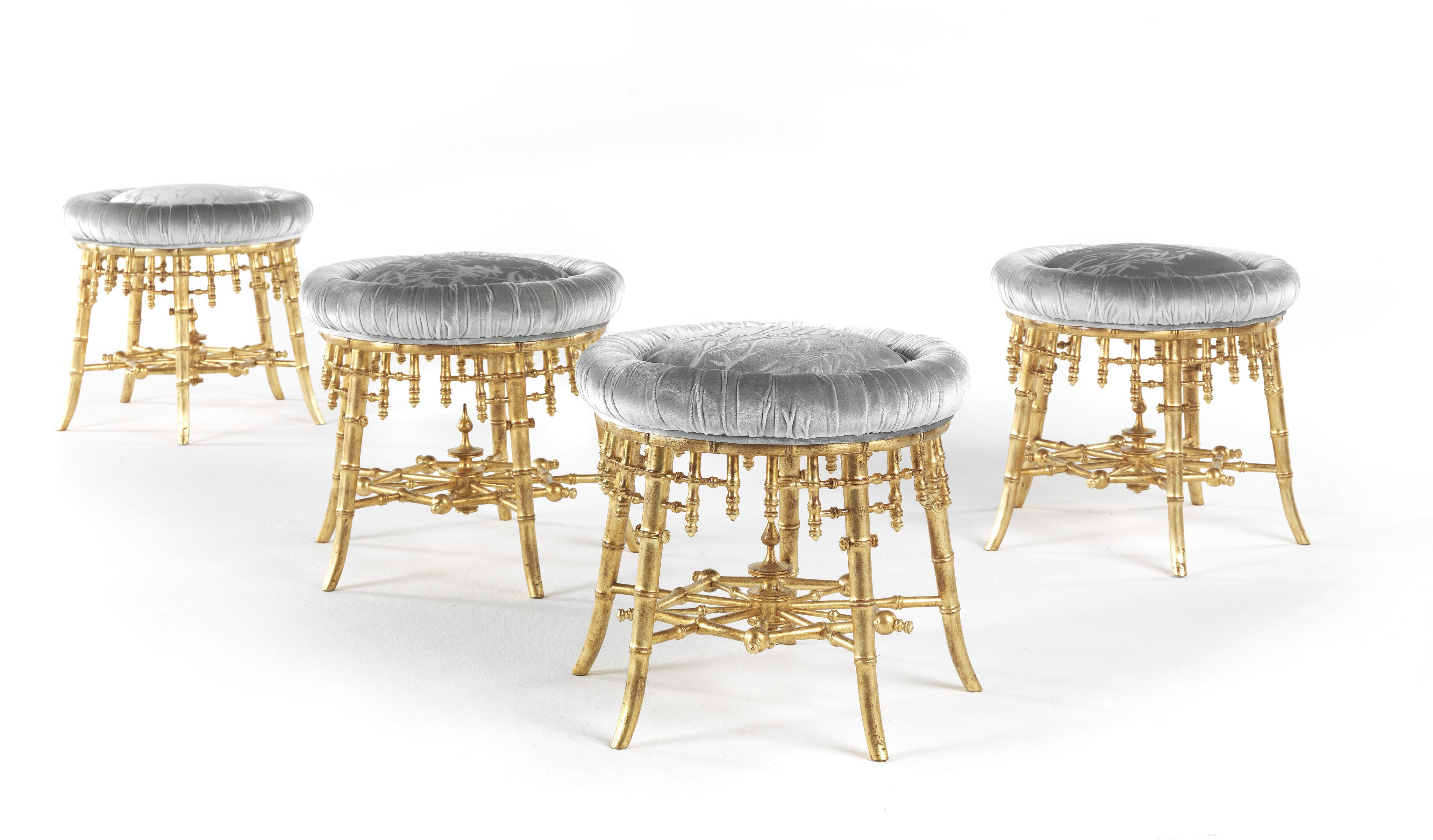 21st Century Hiroko Stool in Wood Finished in Antique Gold and Fabric In New Condition For Sale In Cantù, Lombardia