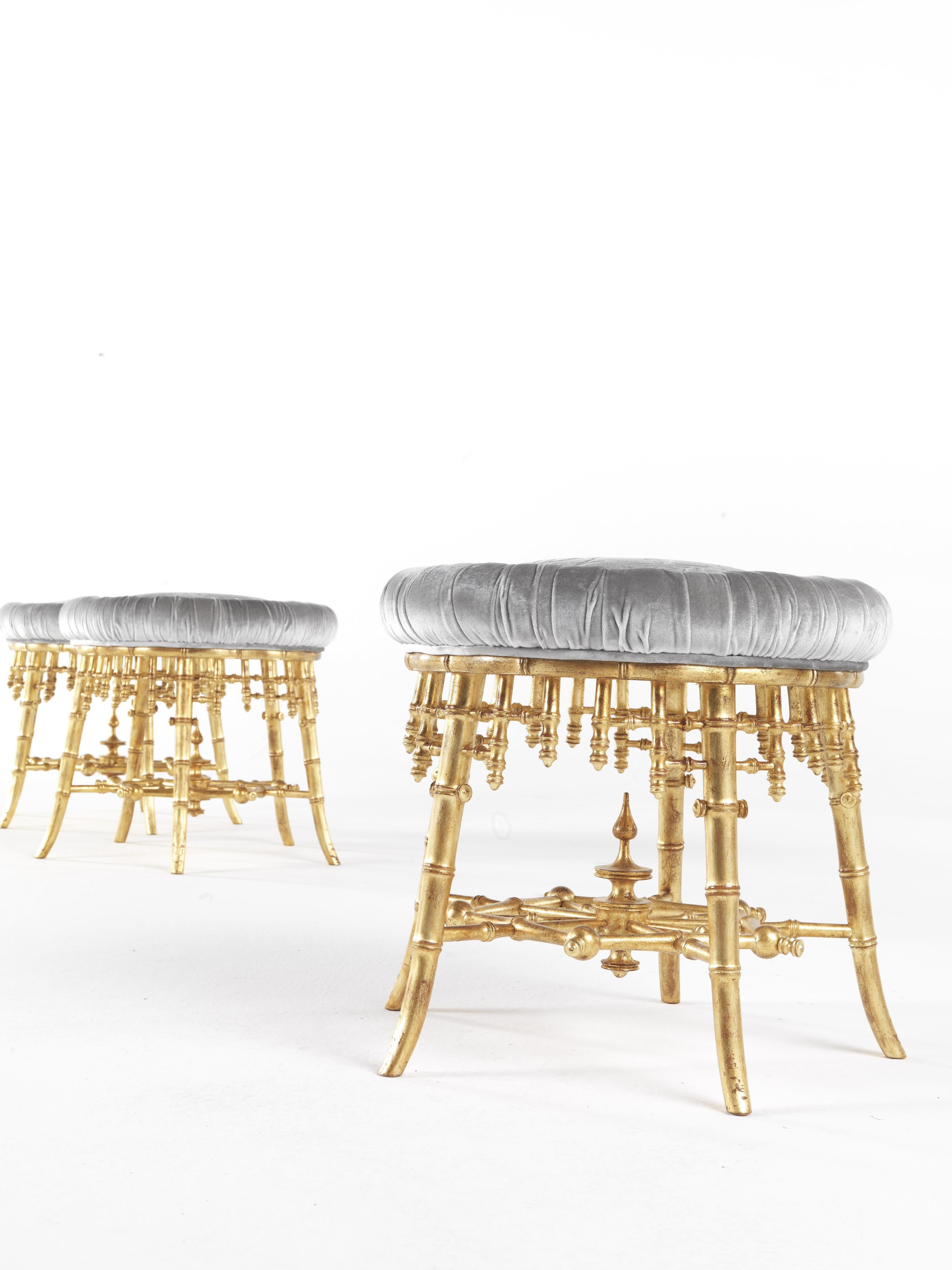 Italian 21st Century Hiroko Stool in Wood Finished in Antique Gold and Fabric For Sale