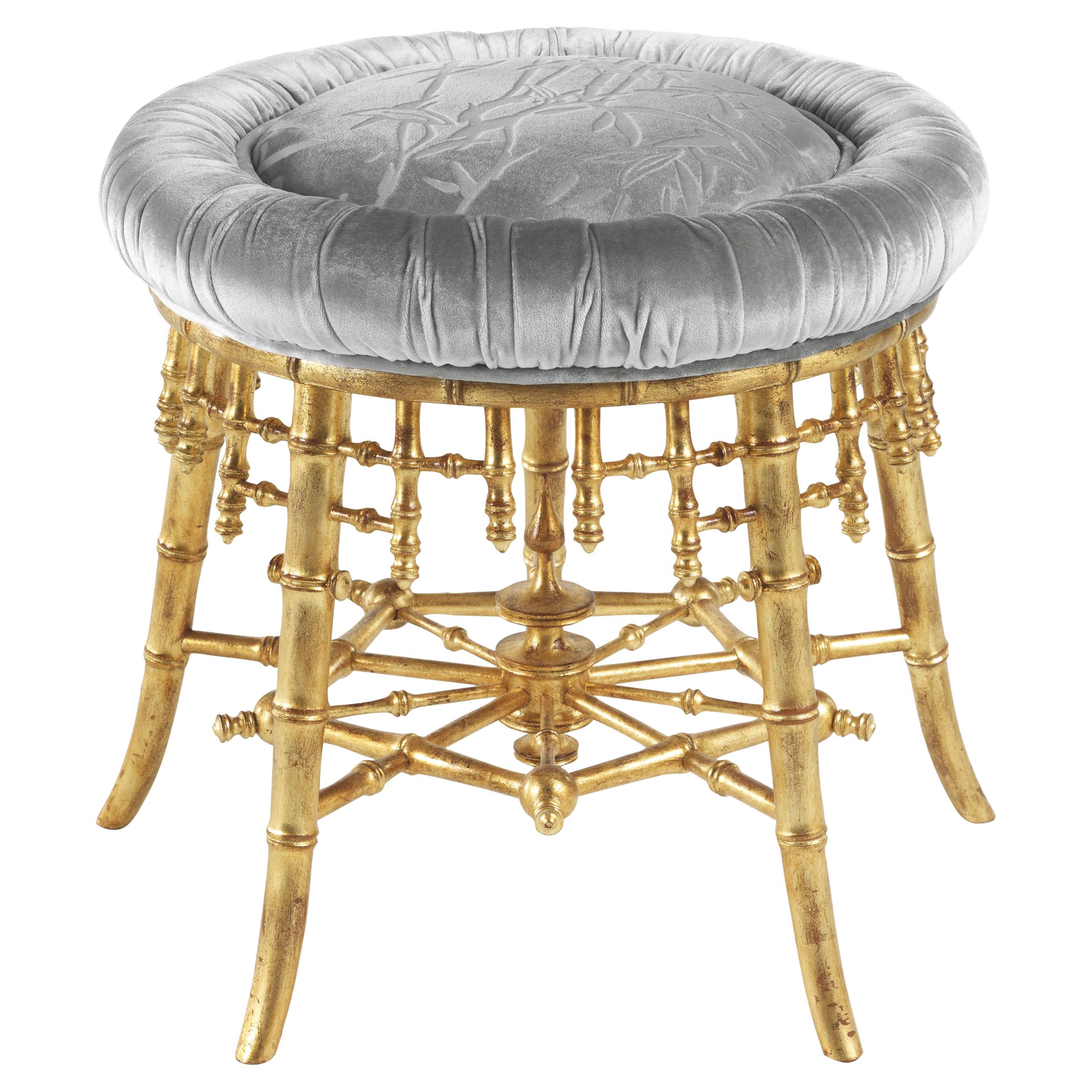 21st Century Hiroko Stool in Wood Finished in Antique Gold and Fabric