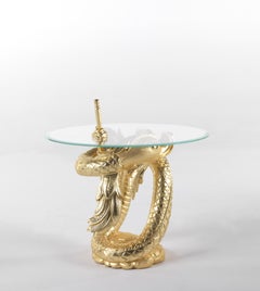 21st Century Idra Side Table in Hand-carved Beechwood with Top in Glass
