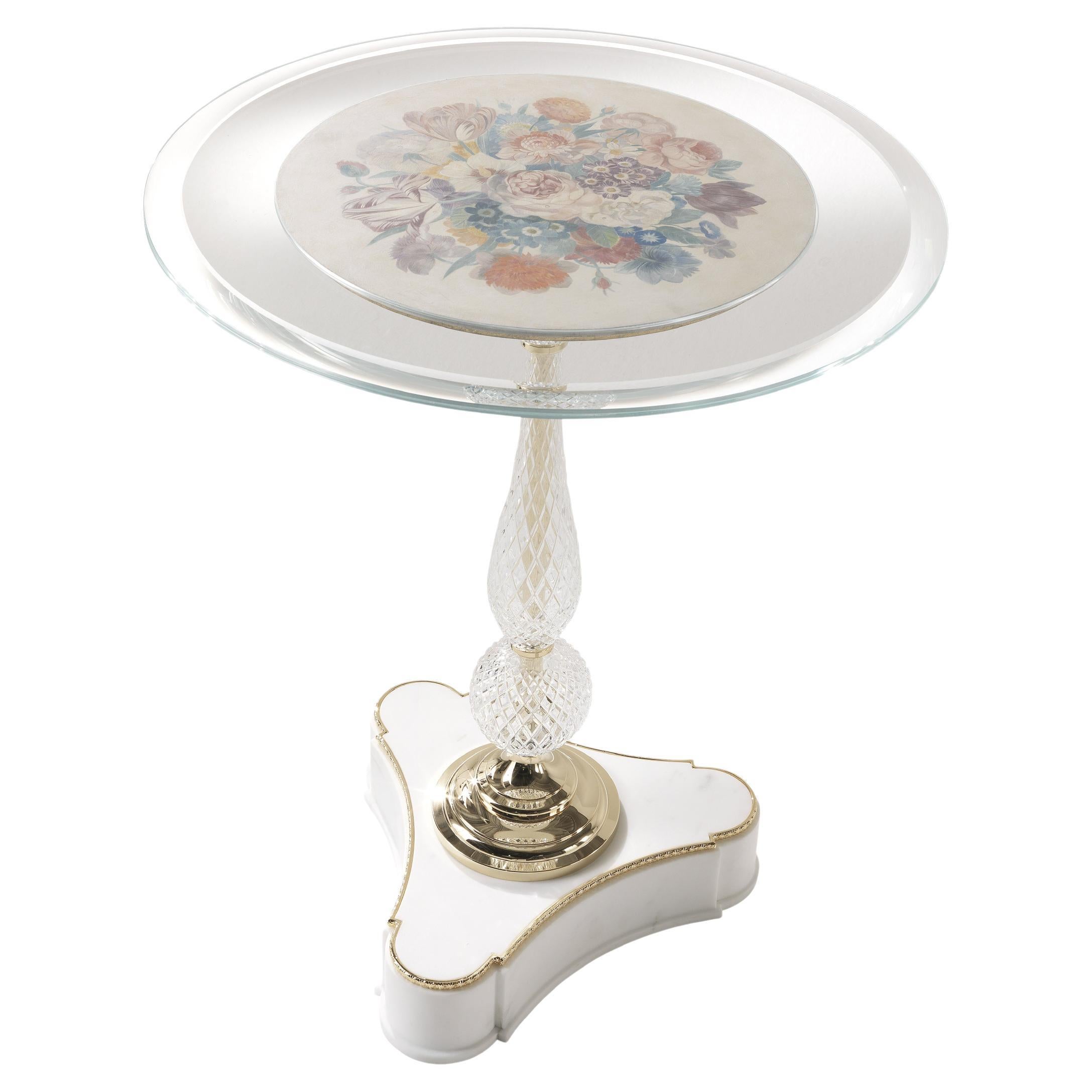 21st Century Je T’aime Side Table with Base in White Marble with Brass Details For Sale
