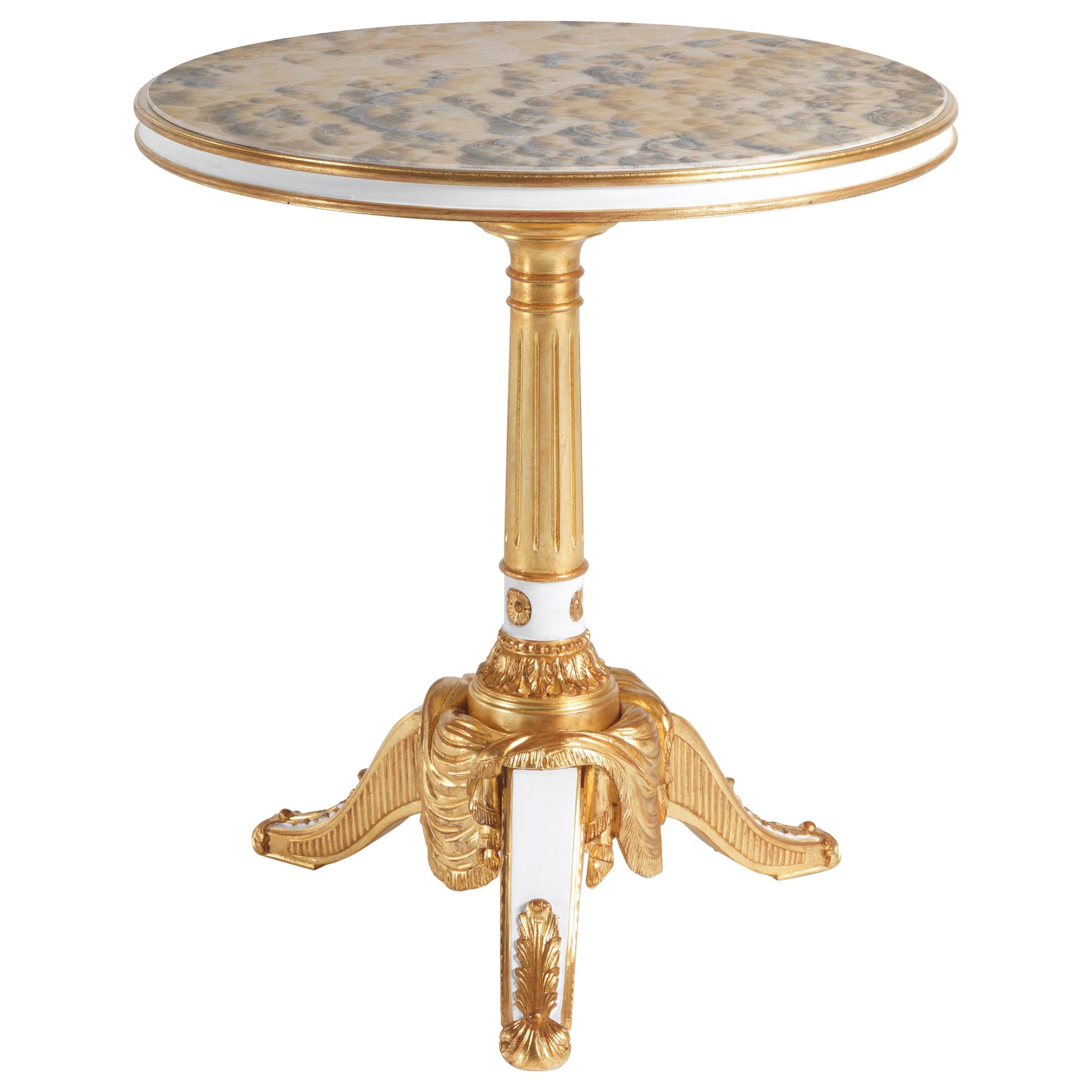 21st Century Lace Side Table in Hand-carved Wood and Cloudy Onyx Top