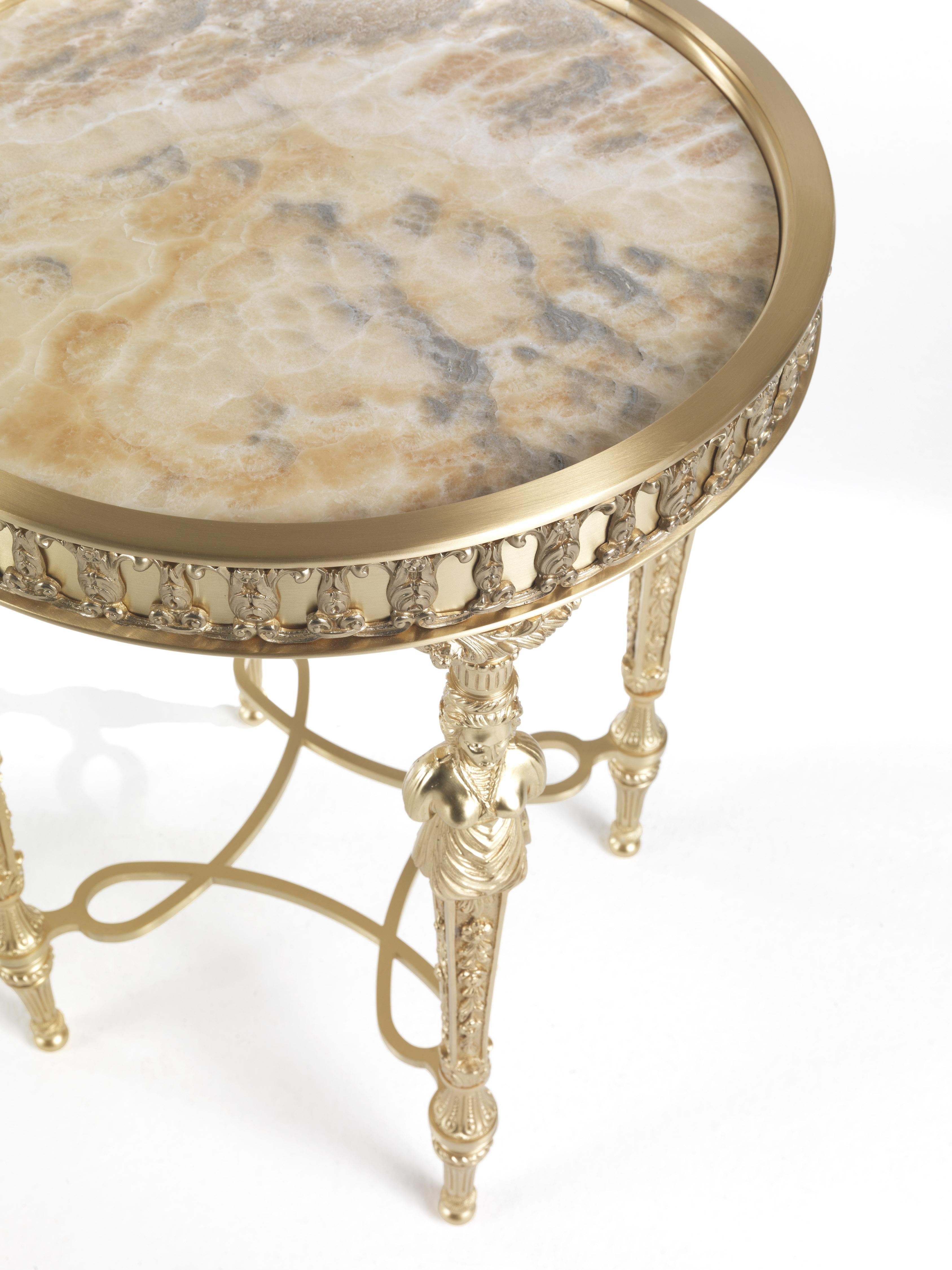 Italian 21st Century Lumiere Side Table in Lost-wax Cast Brass with Cloudy Onyx Top For Sale