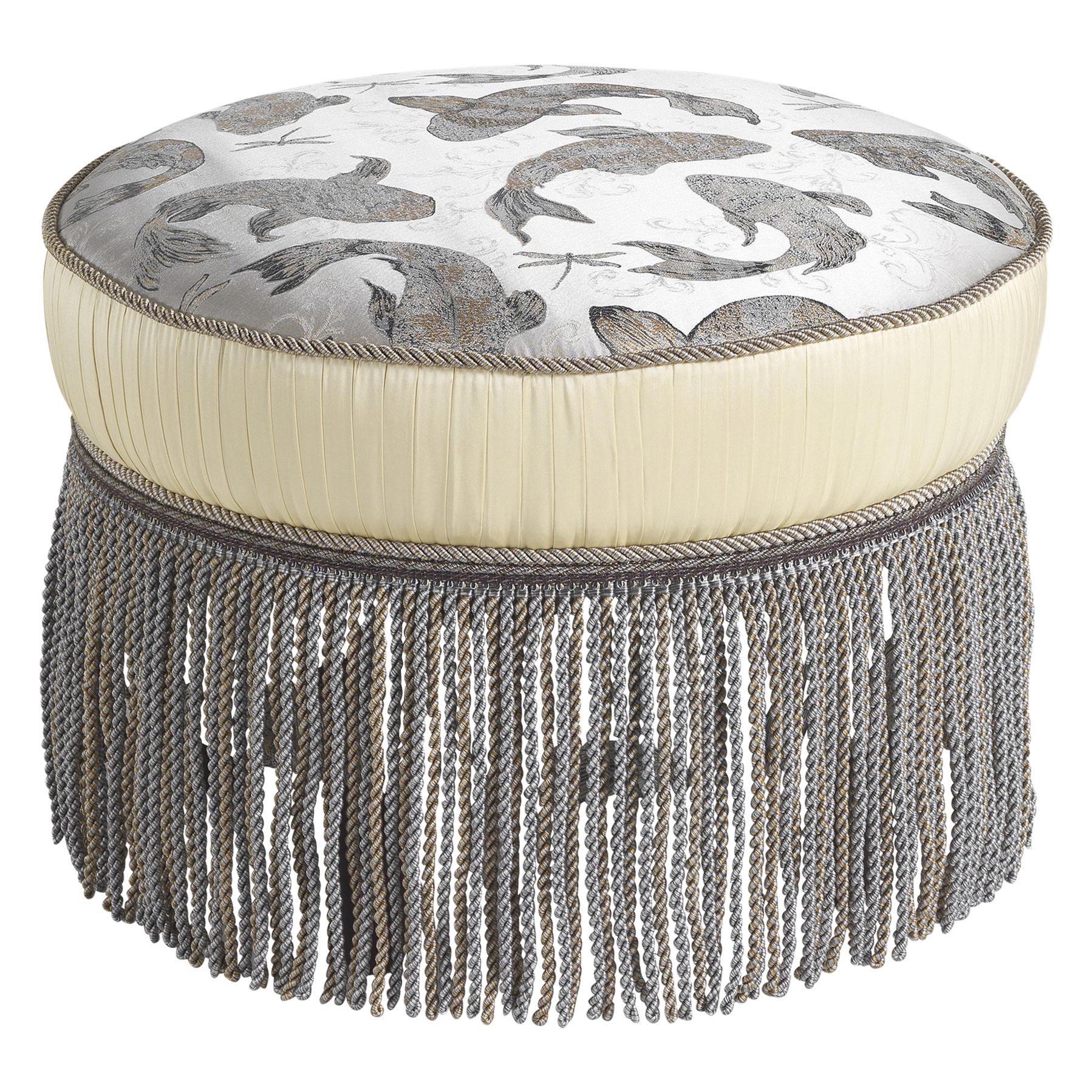 21st Century Madeleine Pouf in Fabric with Decorative Fringe For Sale