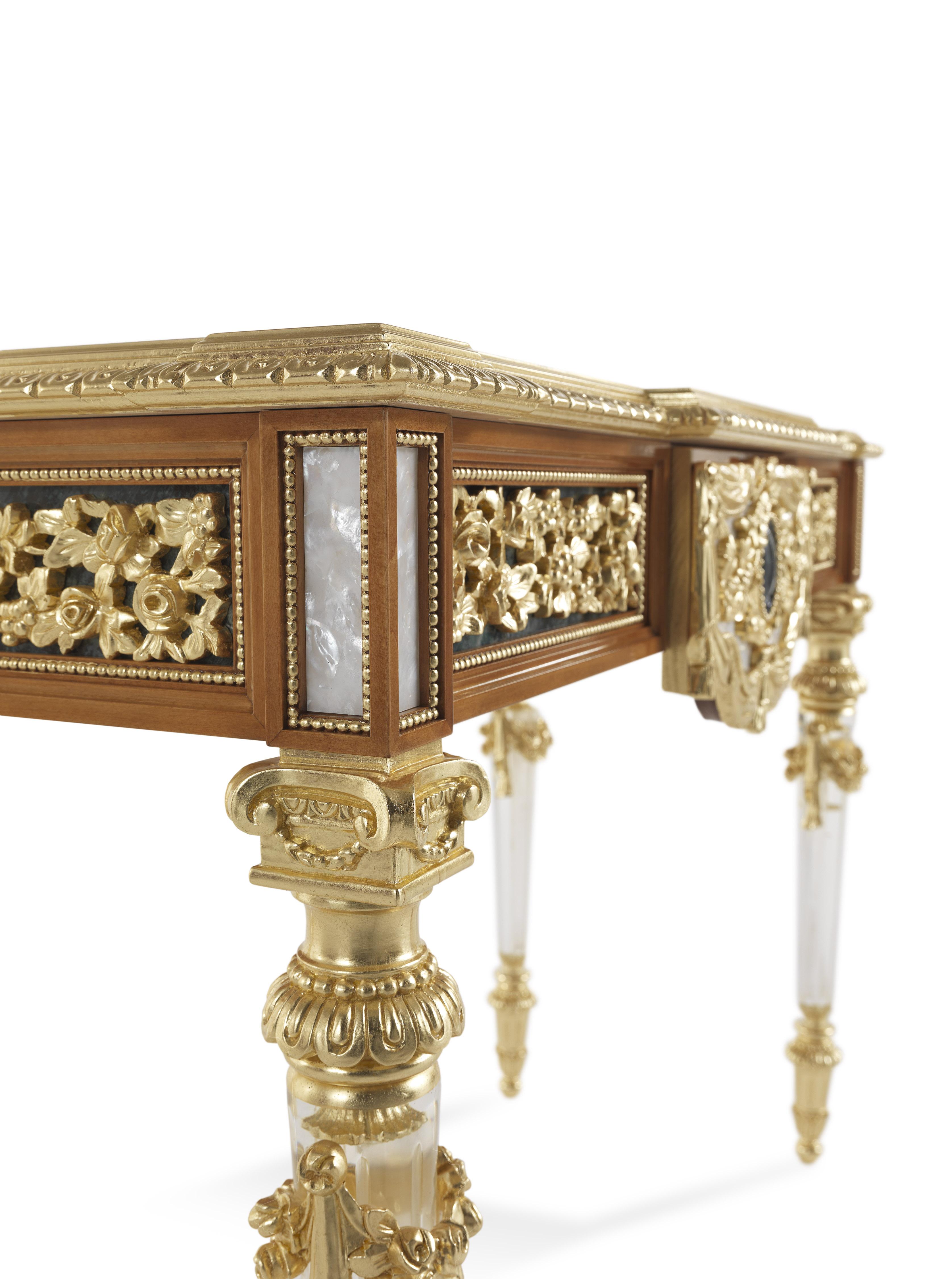 Wood 21st Century Mystere Console with Hand-carved Details Finished in Gold Leaf For Sale