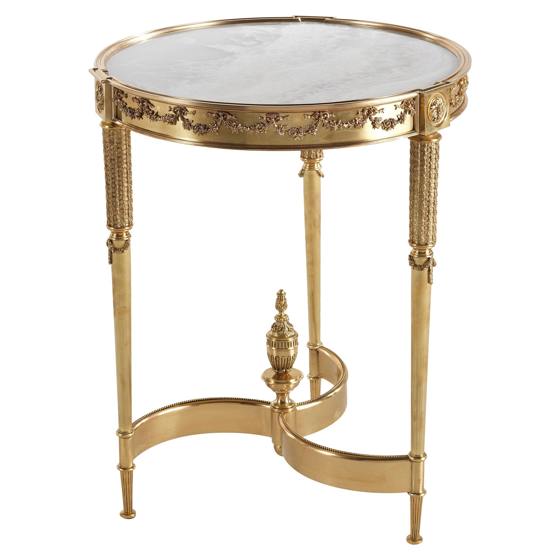 21st Century Pleasure Side Table in Brass and White Namibia Rhino Marble Top For Sale