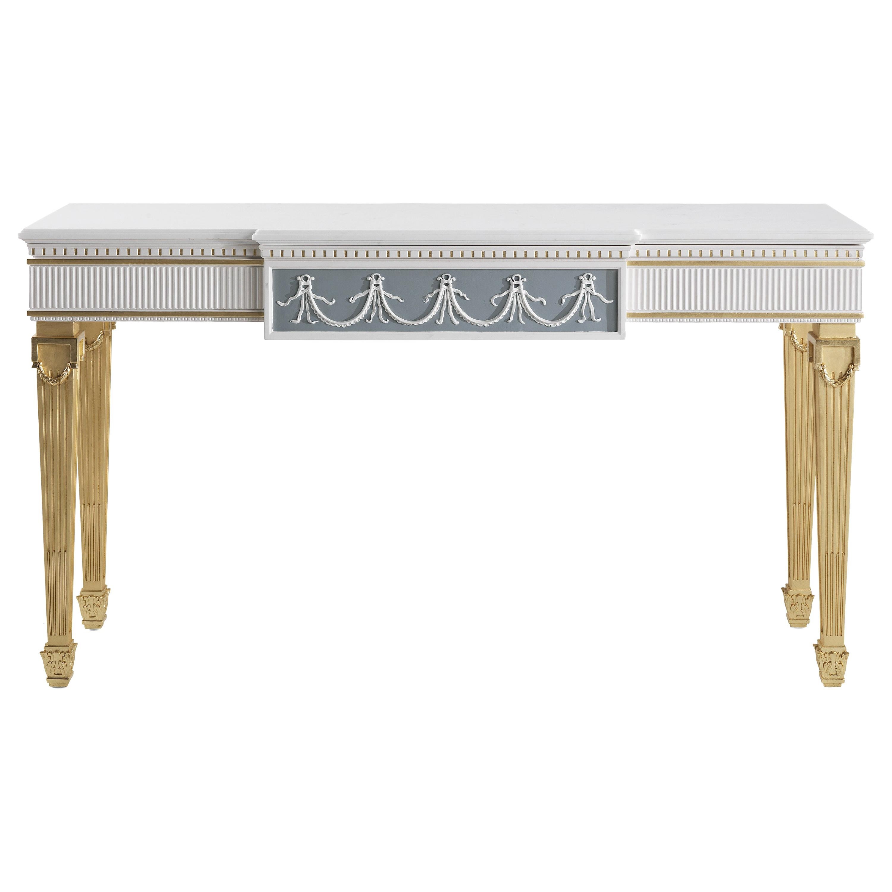 21st Century Portland Console in Wood and Top in White Statuario Marble