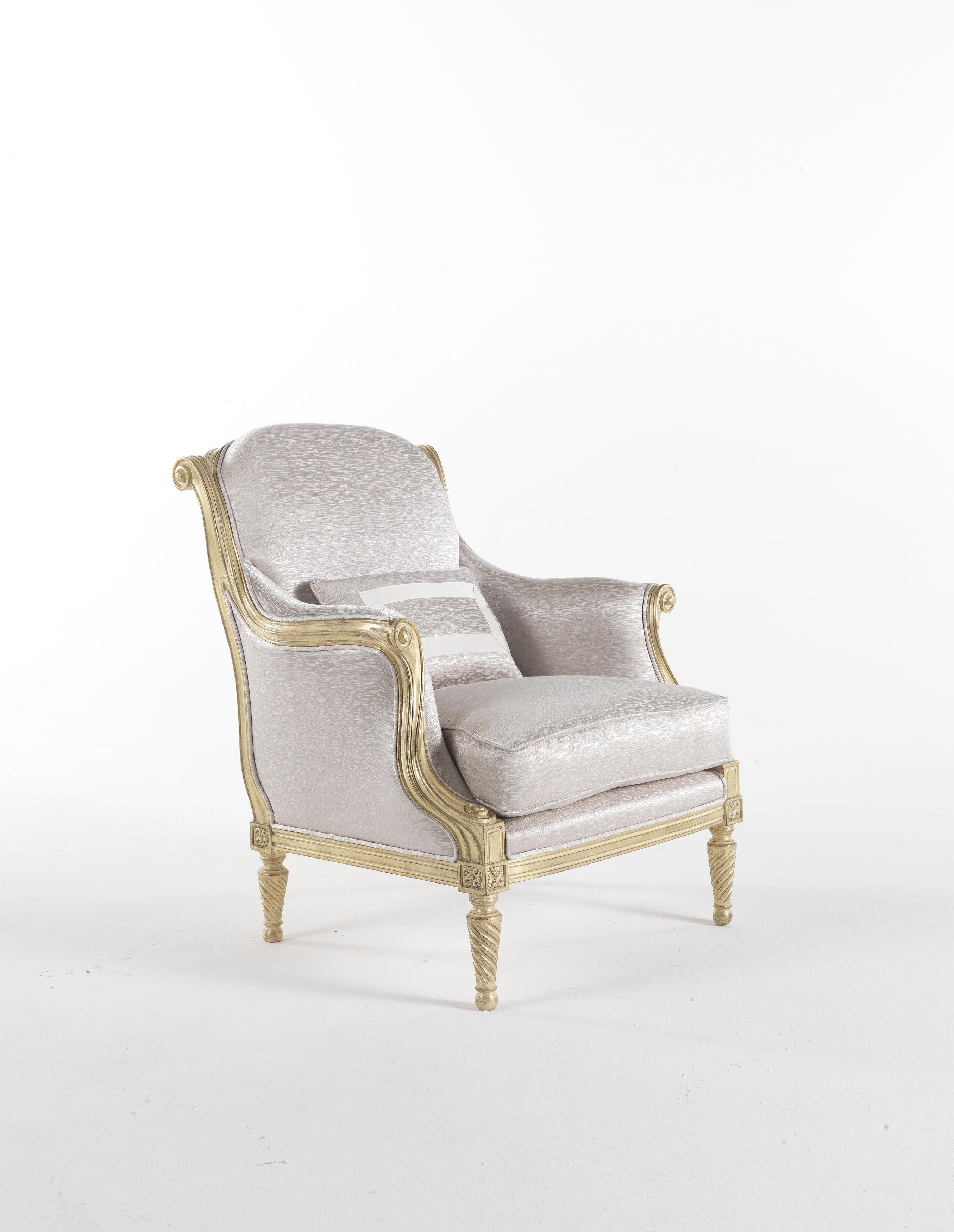 Sweet curves that start from the feet and spirals that, without interruption, reach the backrest creating through their movements a graceful chair with delicate and thin armrests. The refined elegance of Rebecca is expressed within the choice of a